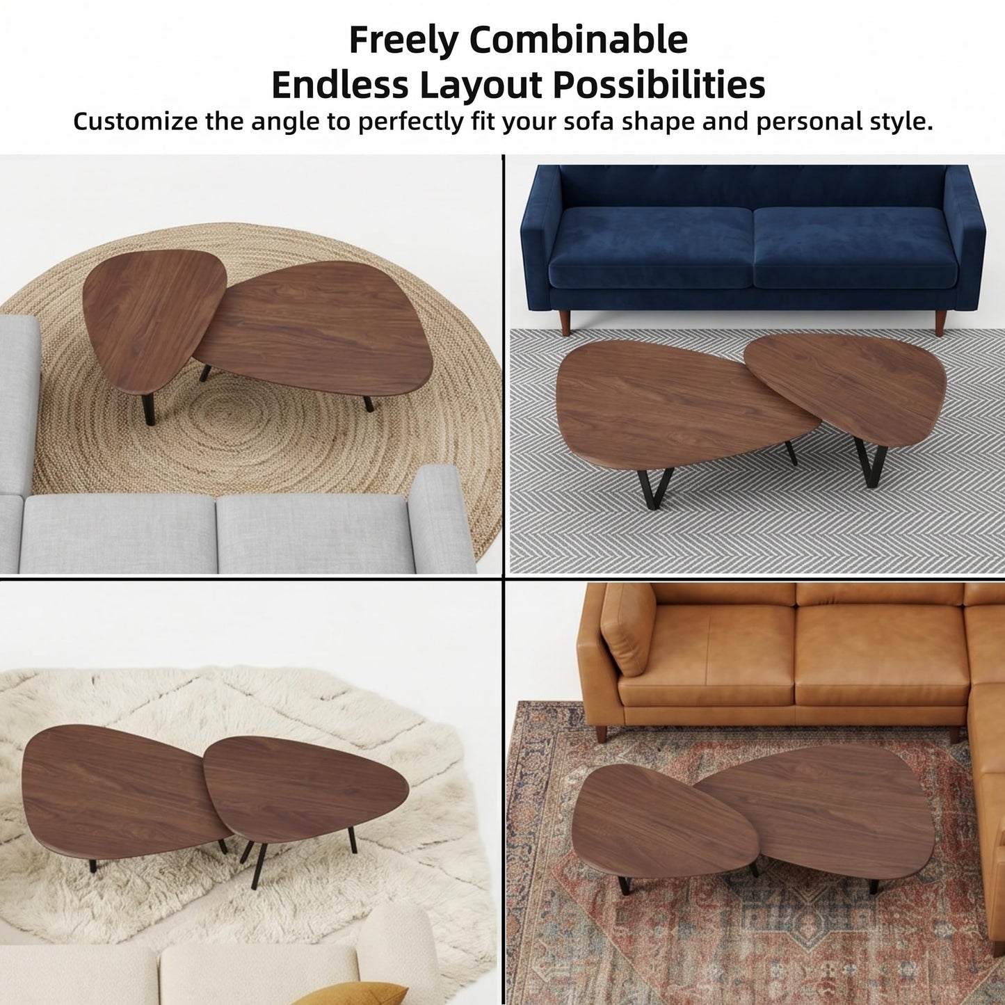 DURISEN Nesting Coffee Table Set of 2-Mid Century Modern Guitar Pick Stacking Tables with Solid Wood Legs-Waterproof Triangle Center Side End Table for Small Living Room,Apartment,Balcony (Walnut)