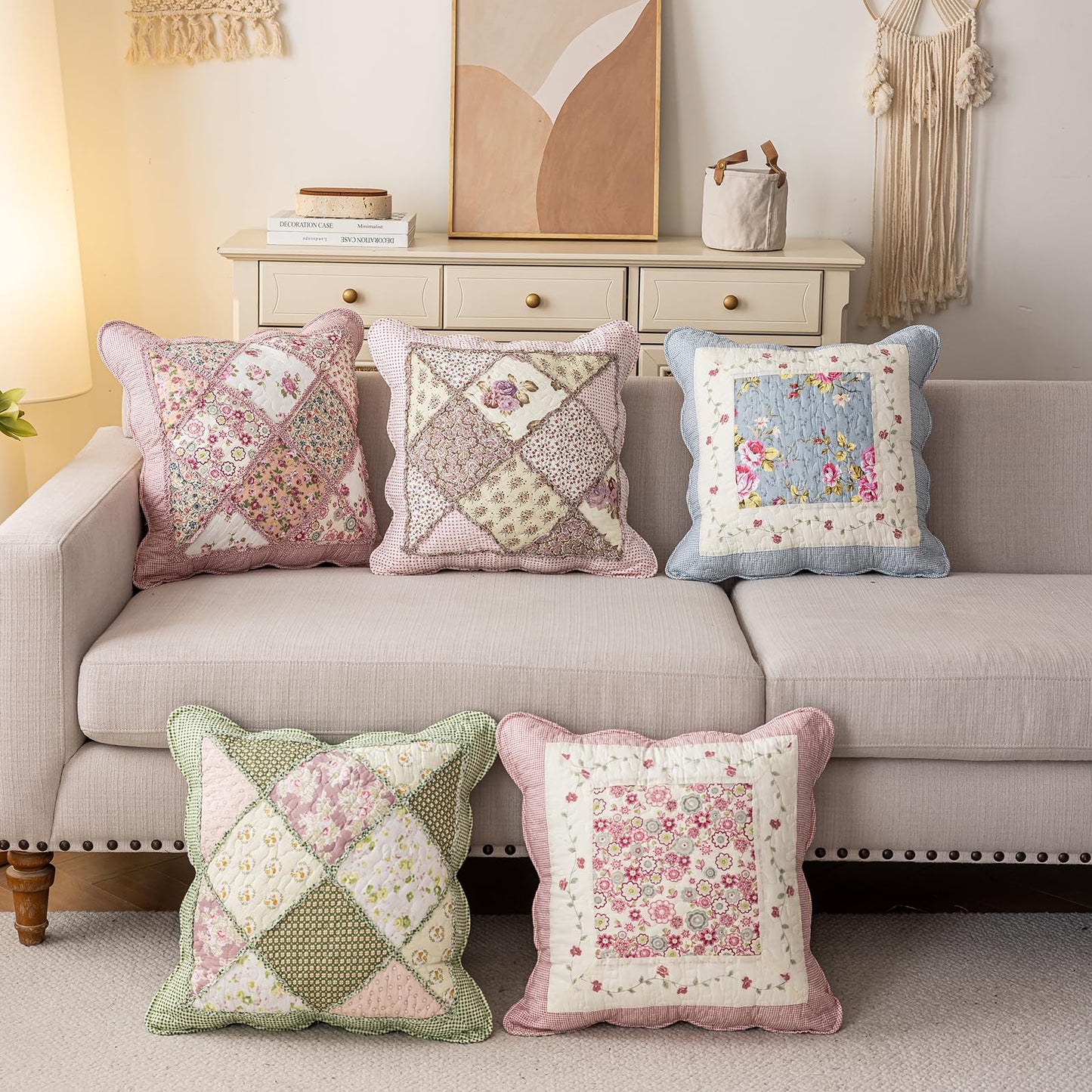 vctops Set of 2 Quilted 100% Cotton Boho Throw Pillow Covers 18" x 18" Farmhouse Country Floral Patchwork Decorative Cushion Cover, Patchwork Flower L