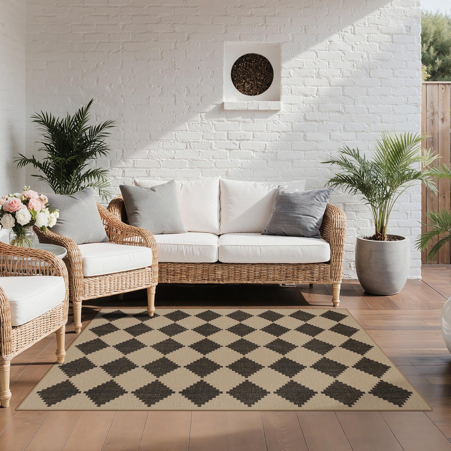 GENIMO Indoor Outdoor Area Rug 5'x8', Checkered Easy Jute Rug Machine Washable, Easy-Cleaning, Non Slip Geometric Outdoor Carpet for Patio, Living Room, Backyard, Porch, Deck, Balcony