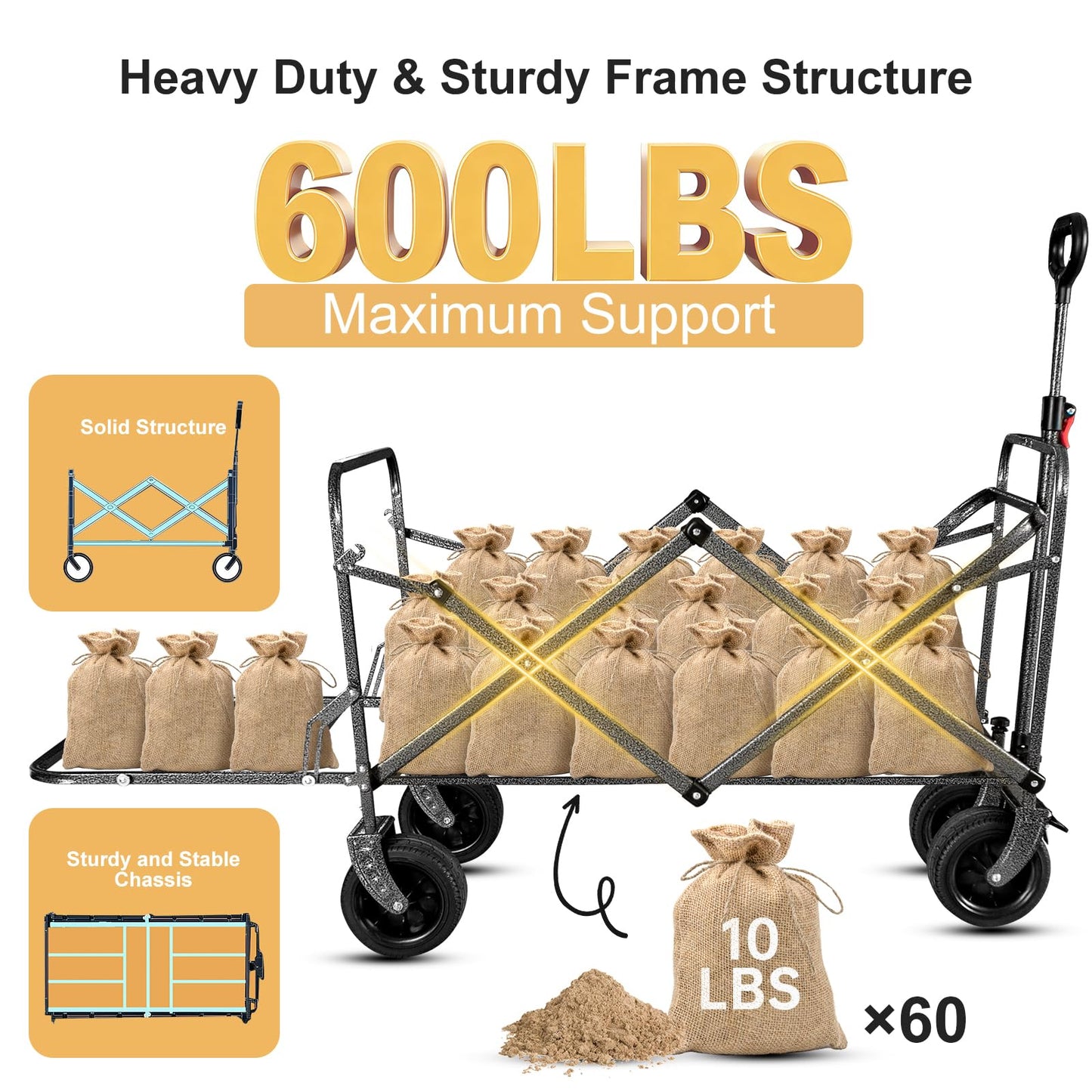 QEZER 56" Large Collapsible Folding Wagon with Tailgate and Brake, 600LBS Heavy Duty Utility Cart, 250L Large All-Terrain Beach Wagon for Camping Garden Shopping Grocery Sports (Yellow, 250L)