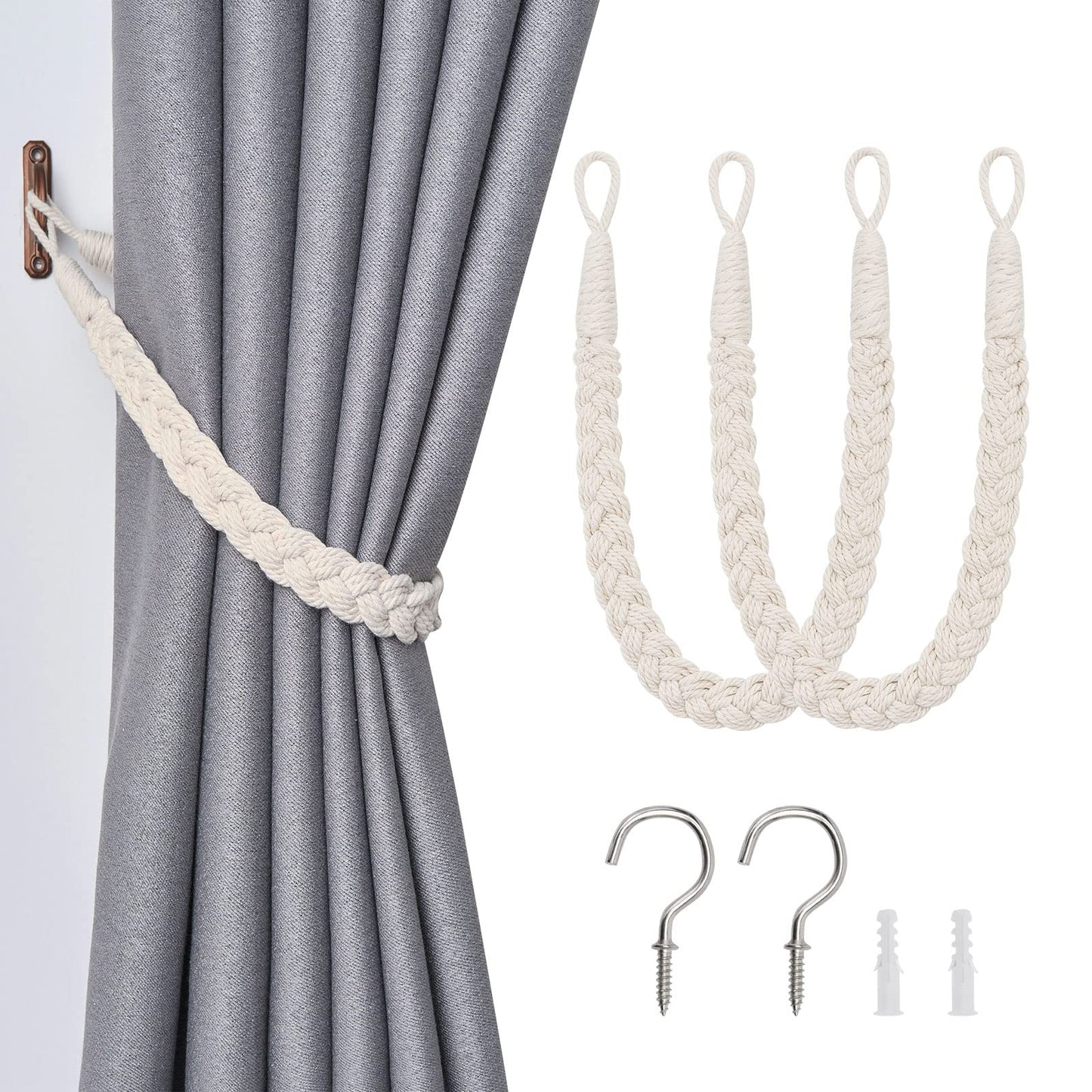 NICEEC 2 Pack Natural Cotton Rope Curtain Tiebacks Elegant Boho Style Decorative Drape Tie Backs Soft Hand-Woven Rope Curtain Holdbacks with Metal Hook for Home & Office Drapery (Beige)