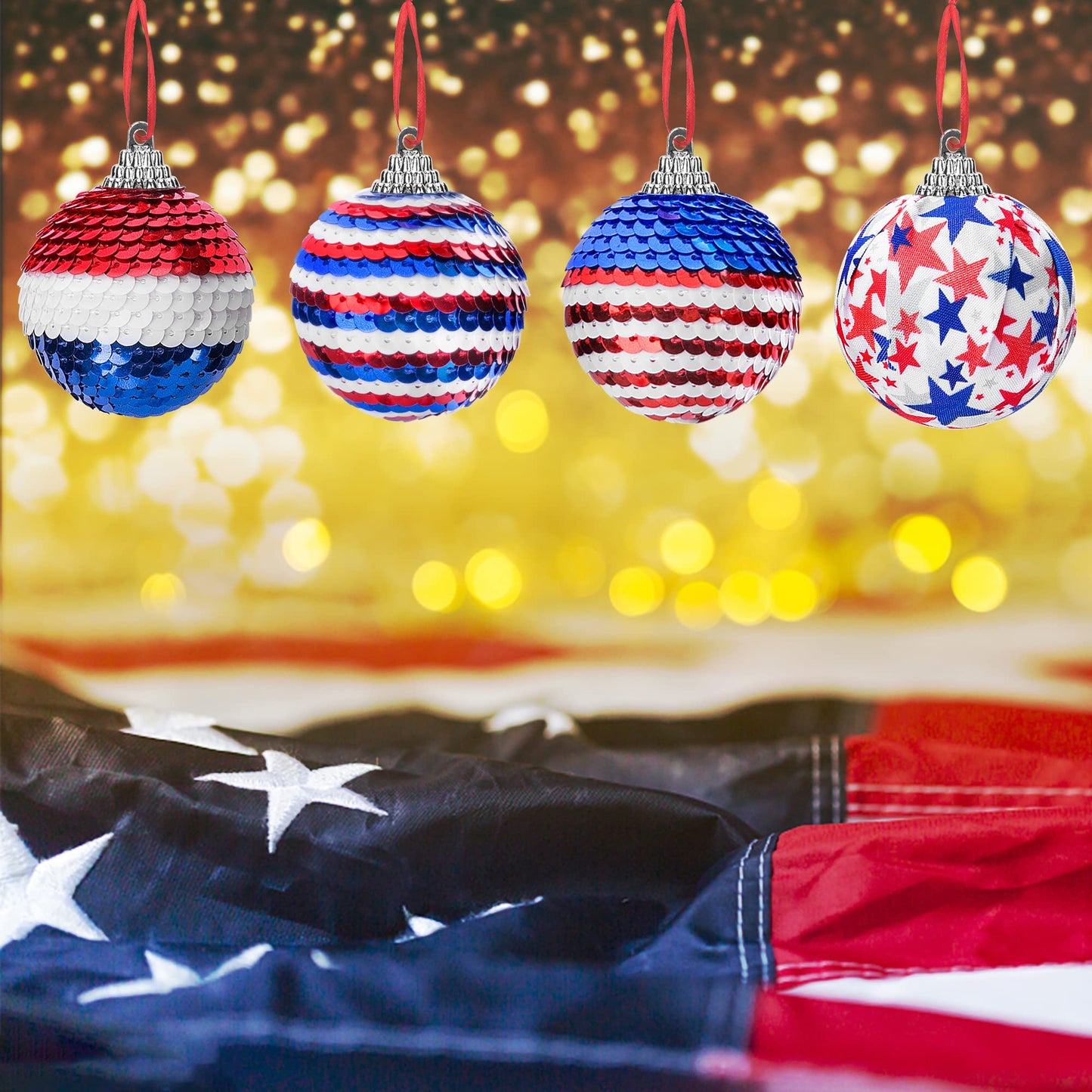 12 Pieces Independence Day Hanging Ball - 2 Inch Memorial Day Sequin Hanging Ball Ornament - 4th of July Red White Blue Tree Decorations for Memorial Day Veterans Patriotic USA Themed Party Supplies