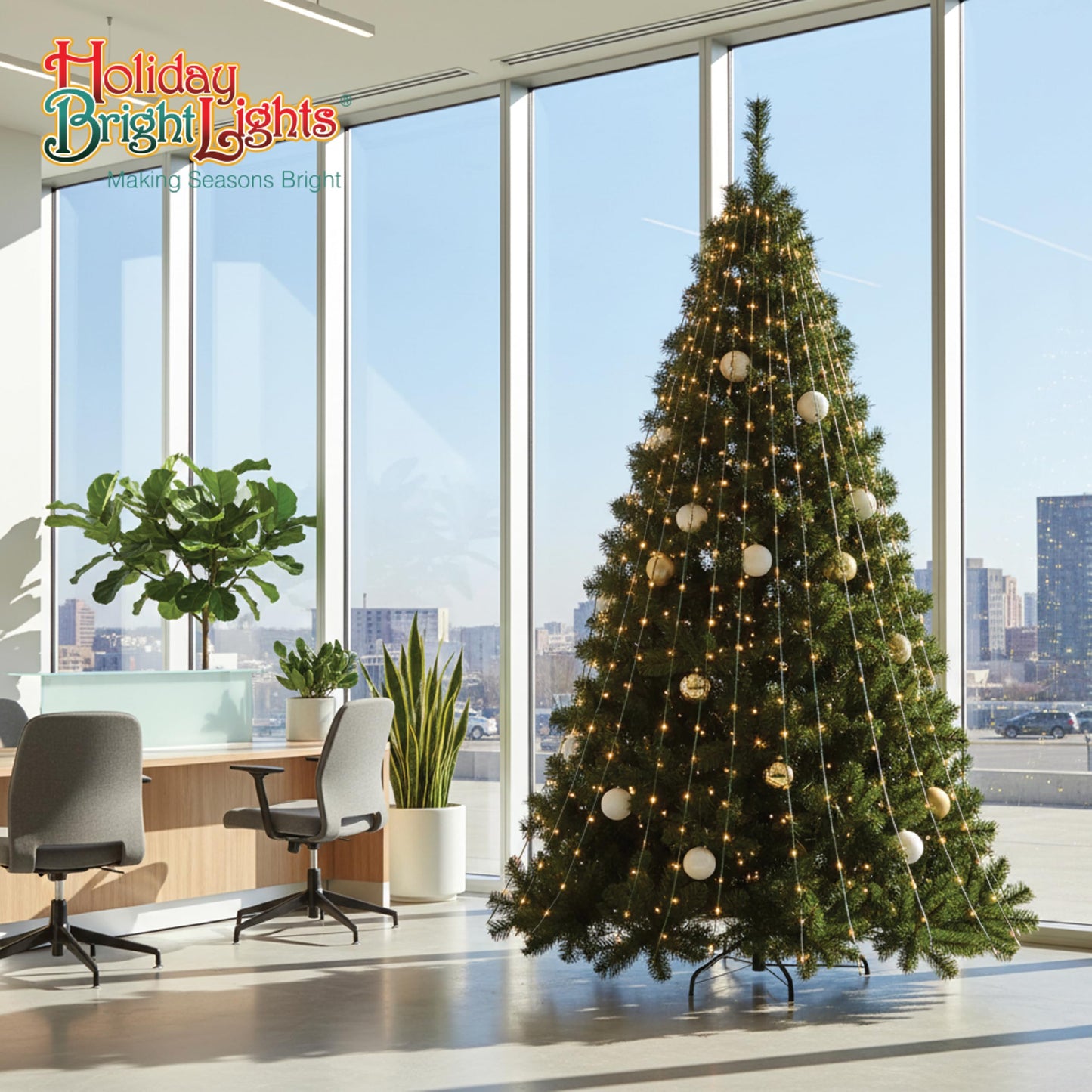 Holiday Bright Lights 8FT Cascade Tree Light with 832 LED Bulbs, Warm White Steady Glow on Green Wire, 16 Strands for Outdoor Decor