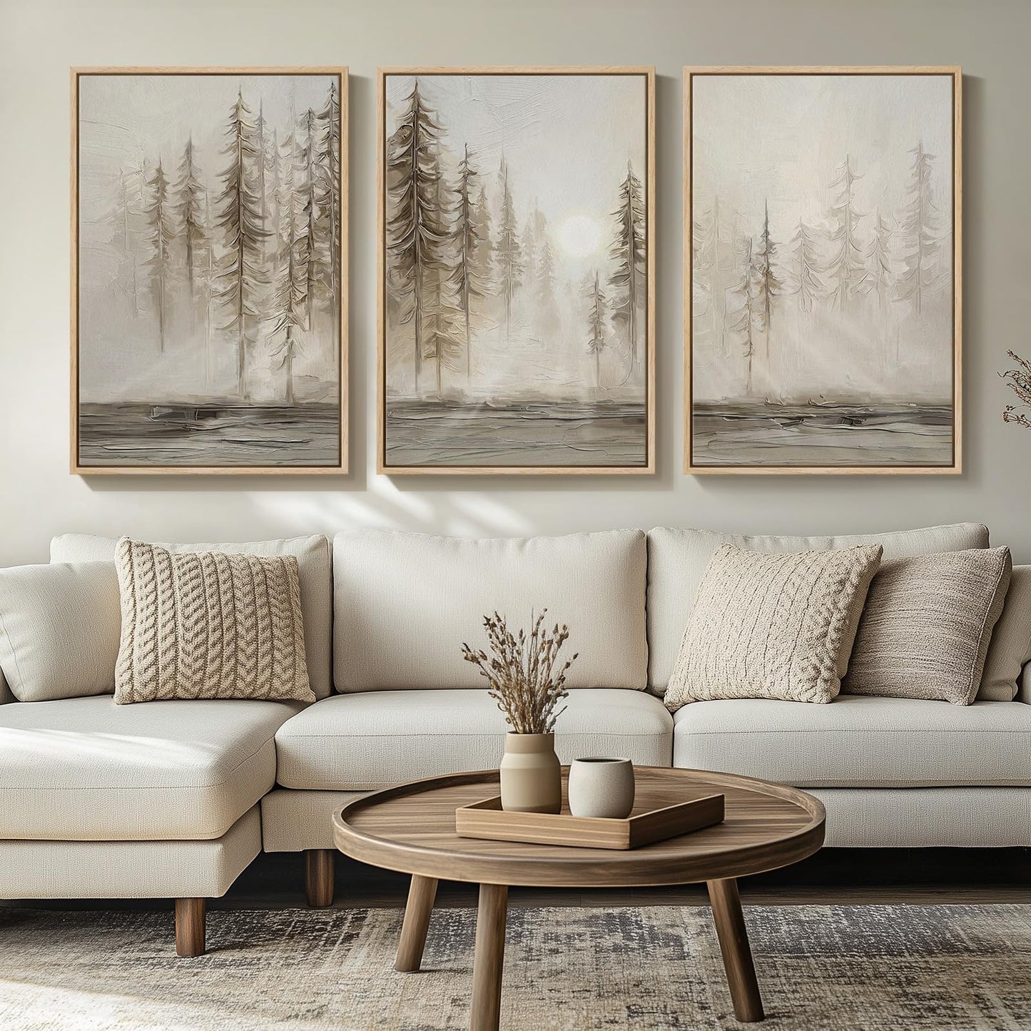 Framed Neutral Wall Art for Living Room, Large 3 Piece Abstract Pastel Grunge Forest Landscape Tree Canvas Artwork Set, Modern Art Decorative Nordic Painting Picture Prints for Hallway Office 24x36 In