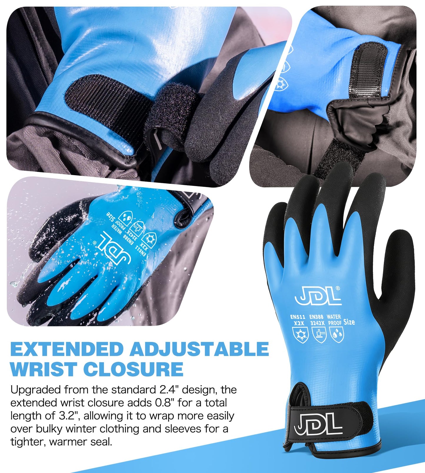 JDL 100% Waterproof Winter Work Gloves for Men & Women, Thermal Insulated Freezer Gloves for Cold Weather, Super Grip Palm, Blue, Large, X-Large