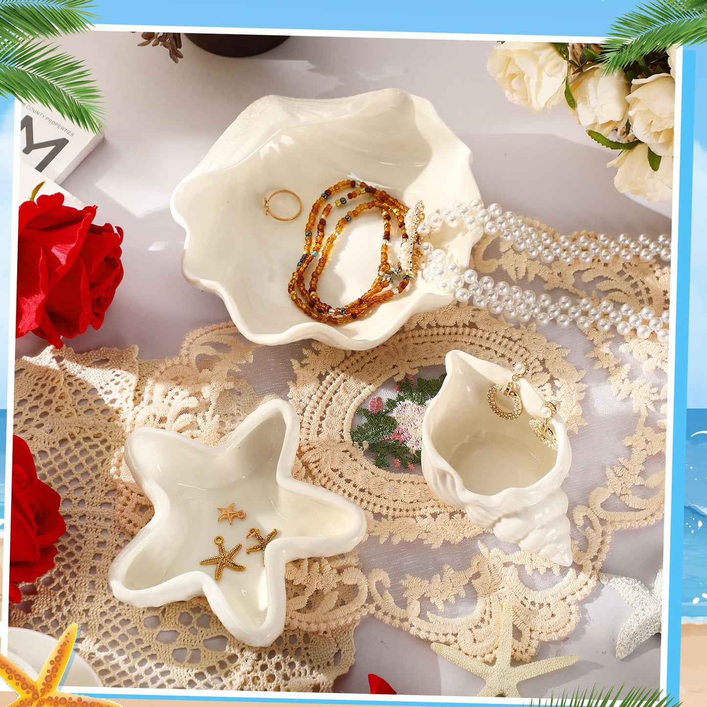Teenyyou 3 Pcs Ceramic Conch Shell Jewelry Dish Tray Ear Ring Holder Jewelry Plate Key Bowl for Room Vanity Decor Accessory(White)