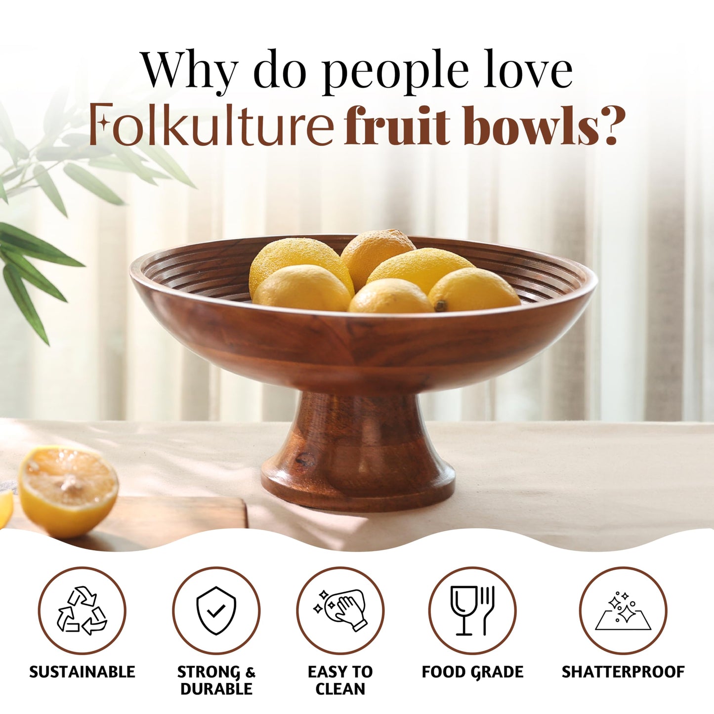 Folkulture Wooden Fruit Bowl for Kitchen Counter | 12" Large Premium Eco Friendly Banana Fruit Basket for Kitchen | Acacia Wood Bowl with Holder, Pedestal for Table Decor, Centerpiece for Dining Table