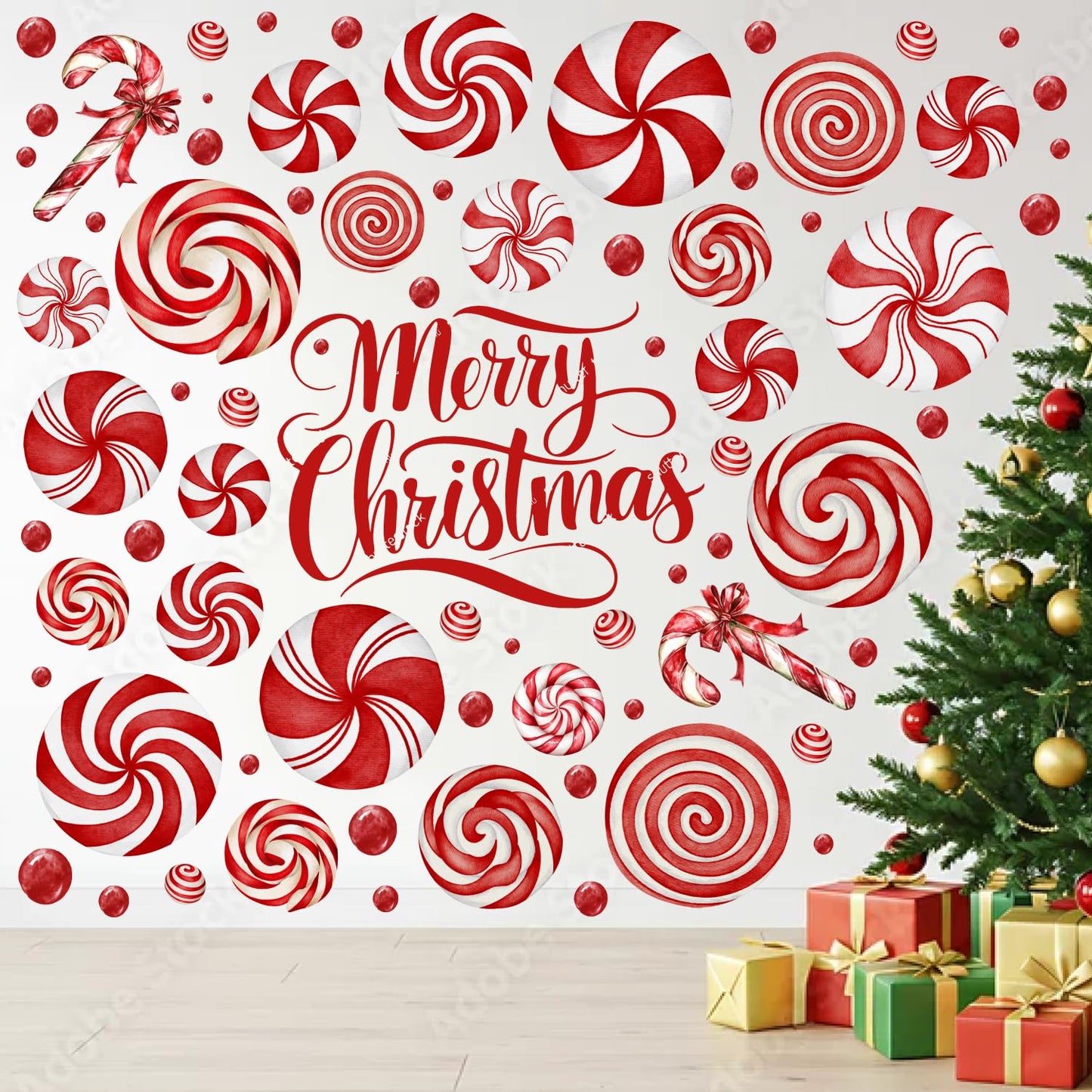 8 Sheet Christmas Wall Decorations Christmas Wall Stickers Retro Floor Decals Peppermint Candy Cane Stickers Decor Xmas Candy Stickers