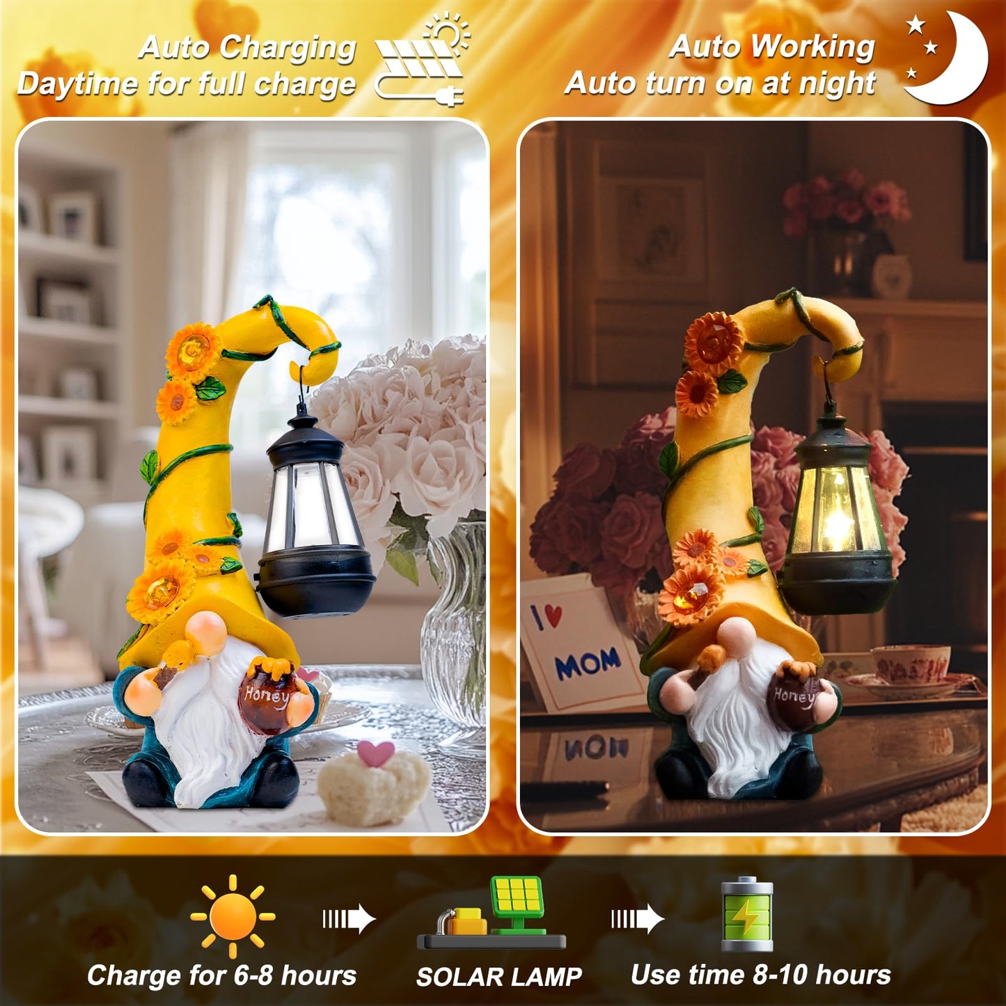 Mothers Day Gifts - Garden Gnome Statue with Solar Lights Large Garden Sculptures Funny Bee Gnome Outdoor Patio Lawn Yard Garden Decor Birthday Gifts for Women Mom 12 in Summer Gnomes Outdoor