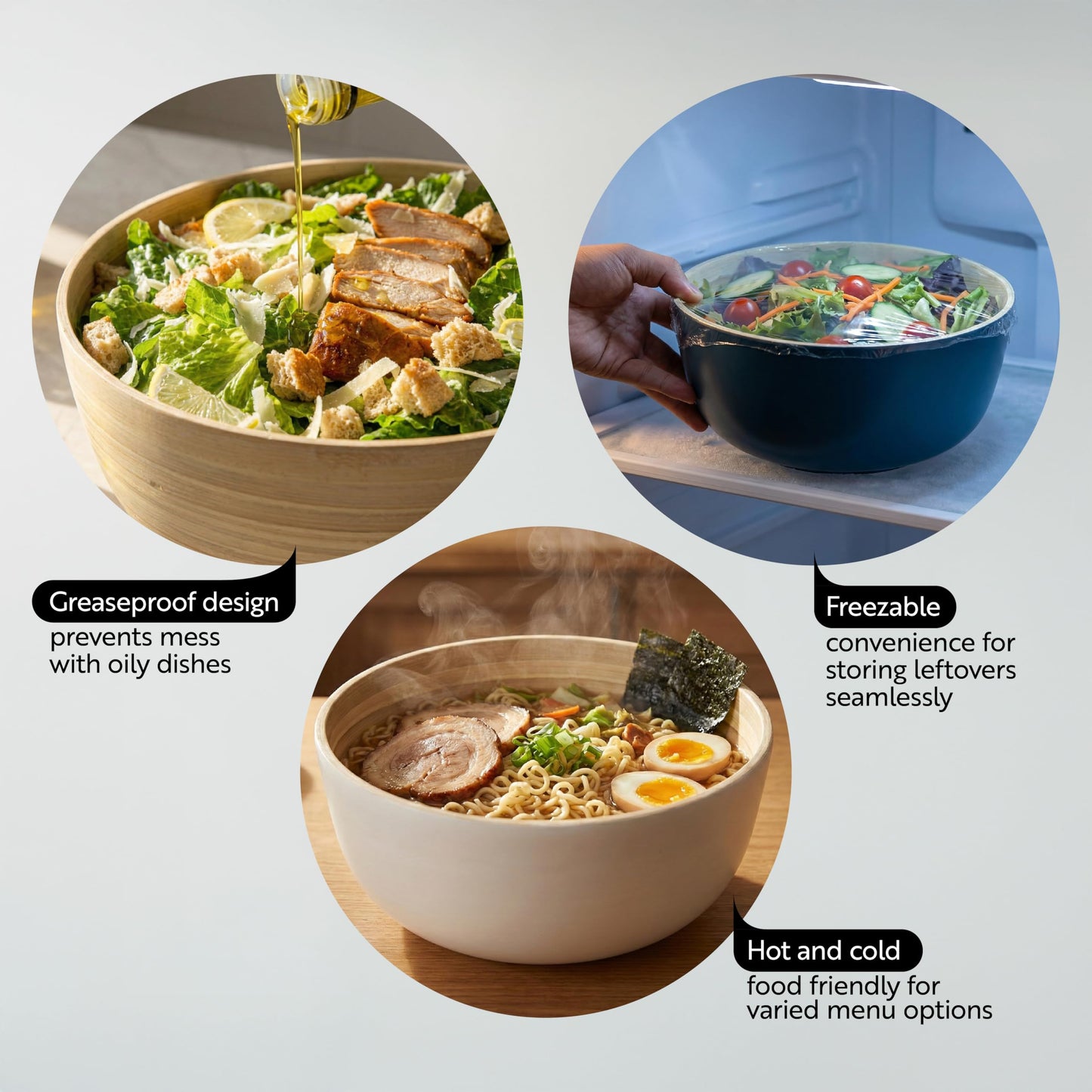 Restaurantware Salad Bowl 1 Pack 50.7 oz Bamboo Serving Dish Greaseproof Freezer-Safe Bowl Handcrafted Round for Hot/Cold Foods