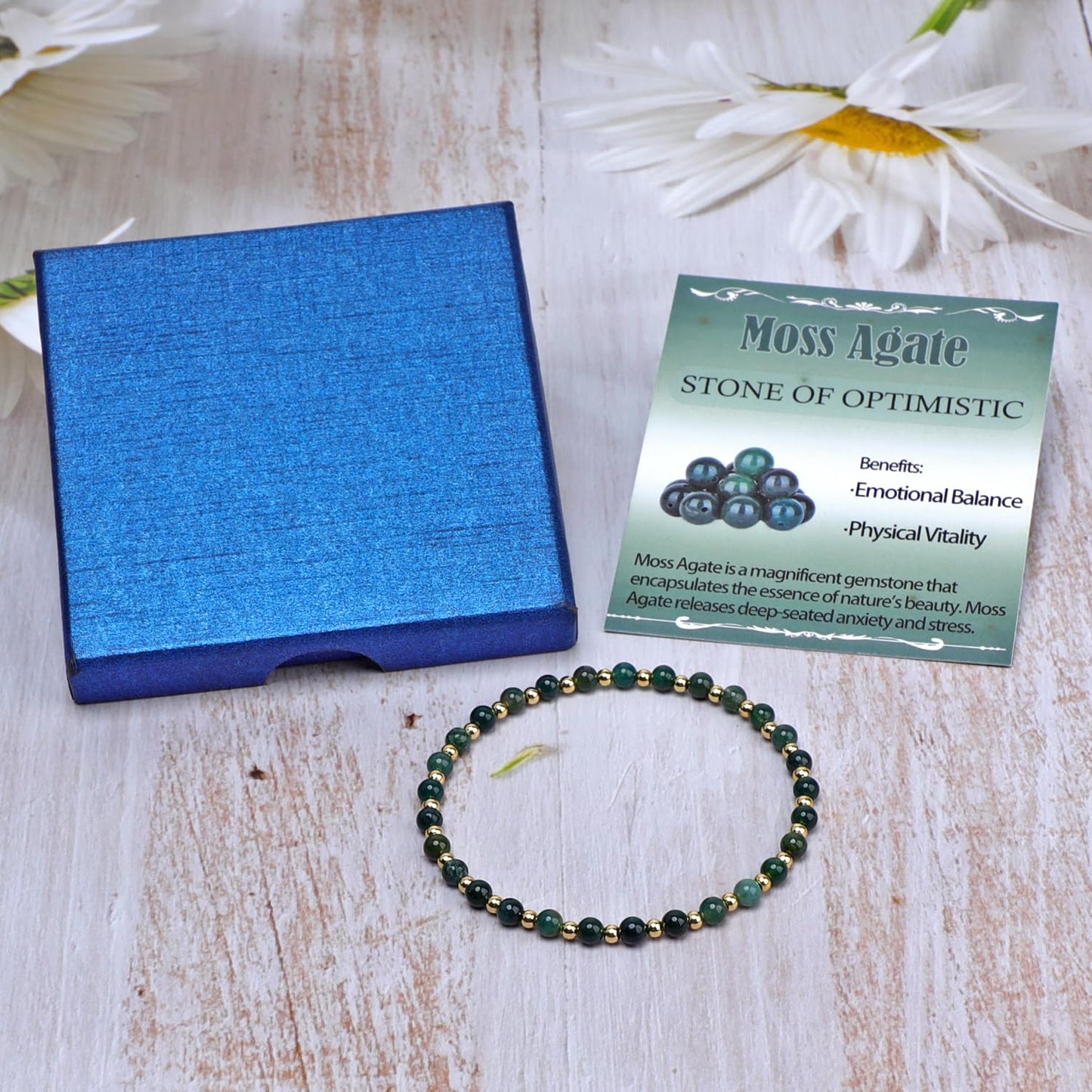 QOGIR Moss Agate - Stone of Optimistic - 14K Gold Plated Beads Natural Gemstone Stretch Elastic Dainty Healing Beaded Bracelets Gifts 4mm