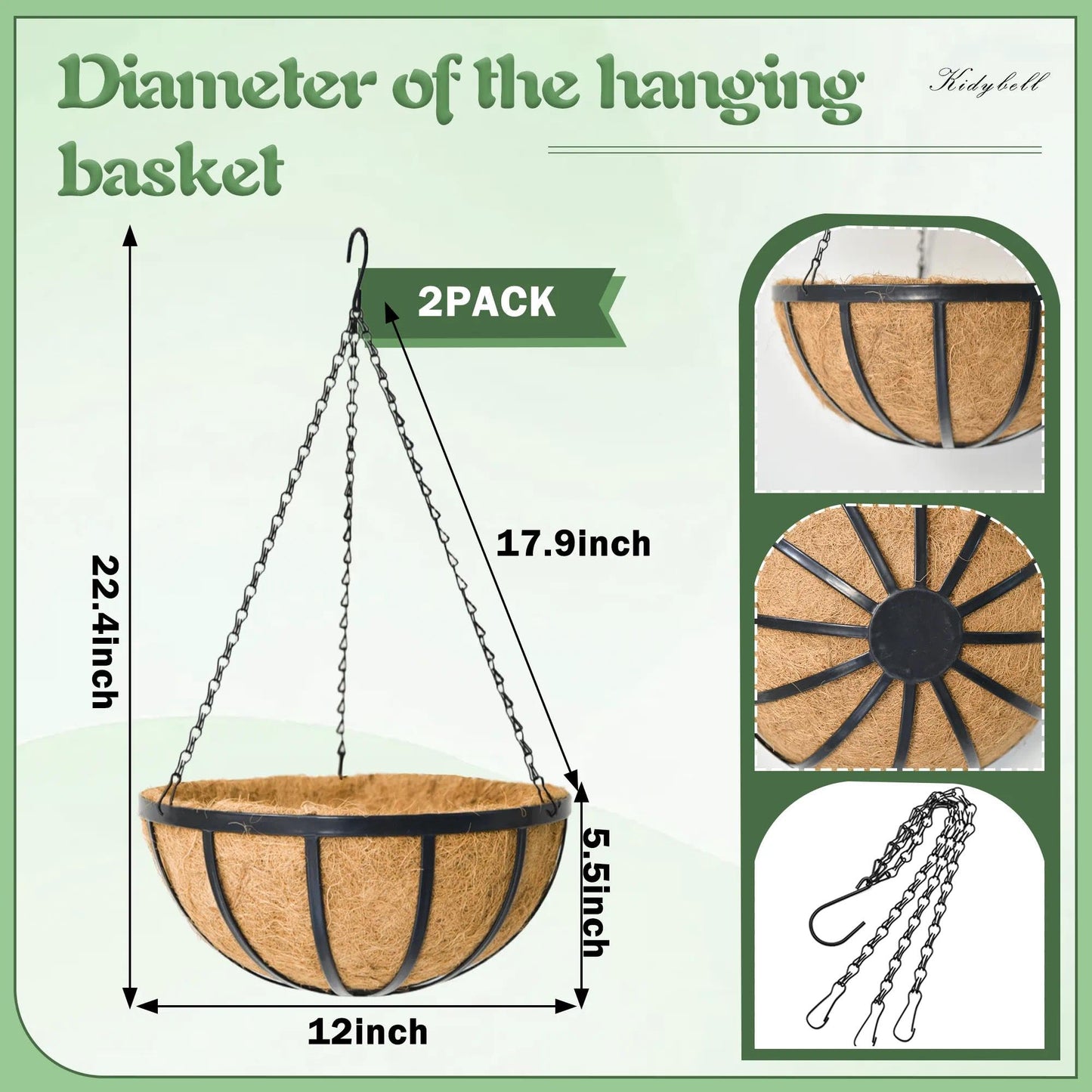 KIDYBELL 2 Pack 12 Inch Round Hanging Basket with Coco Liners， Metal Hanging Baskets for Plants Outdoor， Hanging Planter with Chain Garden Products for Outdoor, Porch, Lawn, Garden