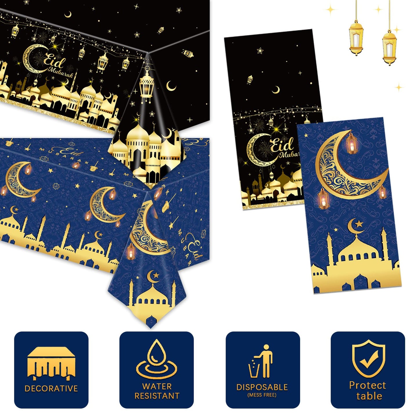 2PCS Eid Mubarak Tablecloths Ramadan Mubarak Table Cloths Eid Al-fitr Disposable Table Cover Islamic Eid Mubarak Decorations Moon Star Lantern Plastic Rectangle Tablecloth for Dinner Picnic 54"x108"