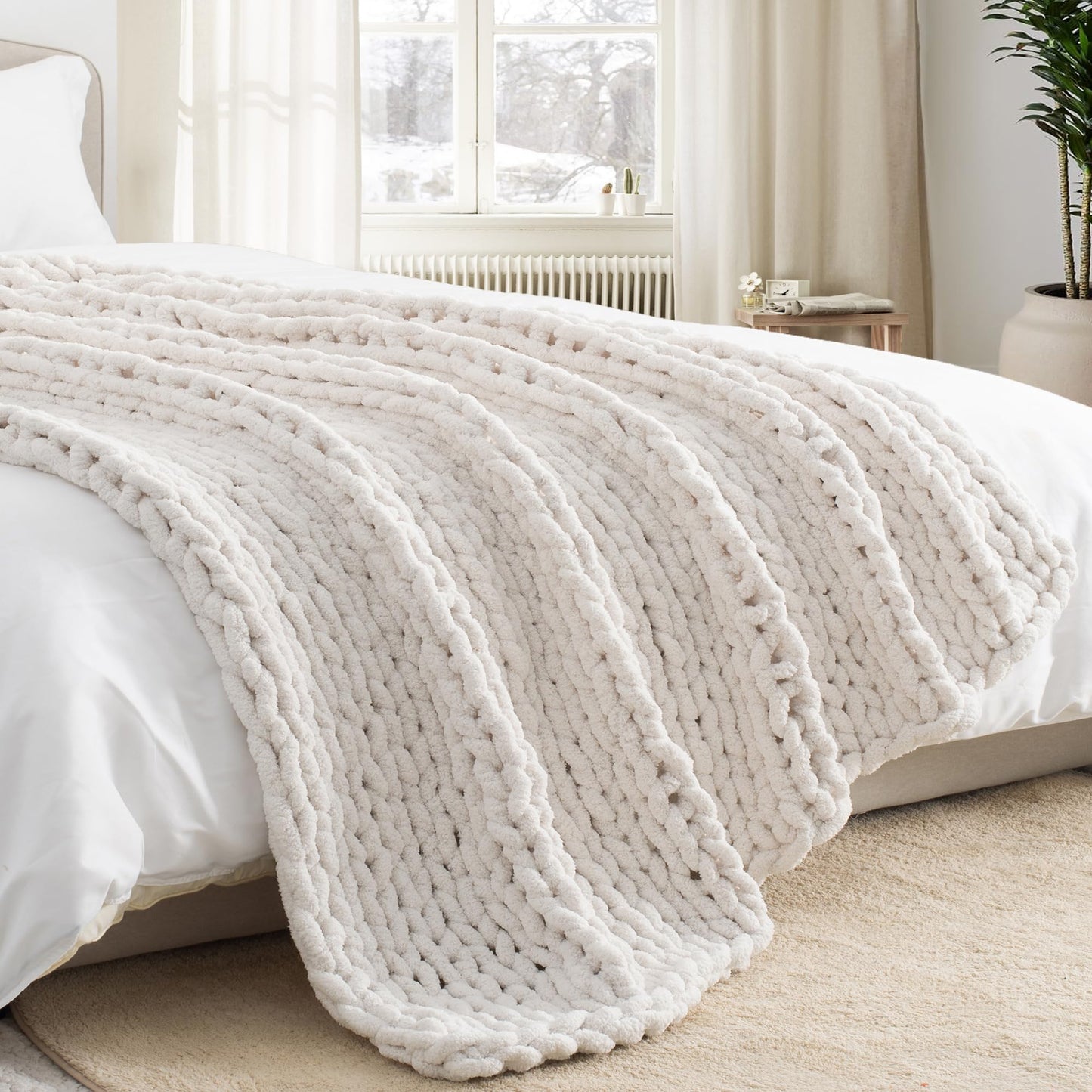 LONG CREATE Chunky Knit Throw Blanket 50"X 60", 100% Handmade with Soft Chenille Yarn, 4.4lbs Thick Cable Knitted Blankets, Large Rope Knot Crochet Throws for Couch Sofa Bed Home Decor, Cream White