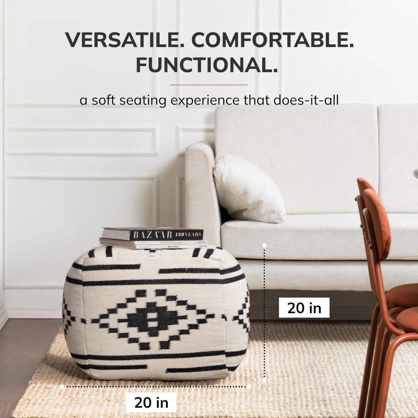 Anji Mountain Pouf Ottoman Foot Rest, Handmade Ottoman Pouf, Comfortable Foot Stool, Decorative Floor Seating for Living Room Decor, Bedroom & Home Décor Accent - Carbon Ikat