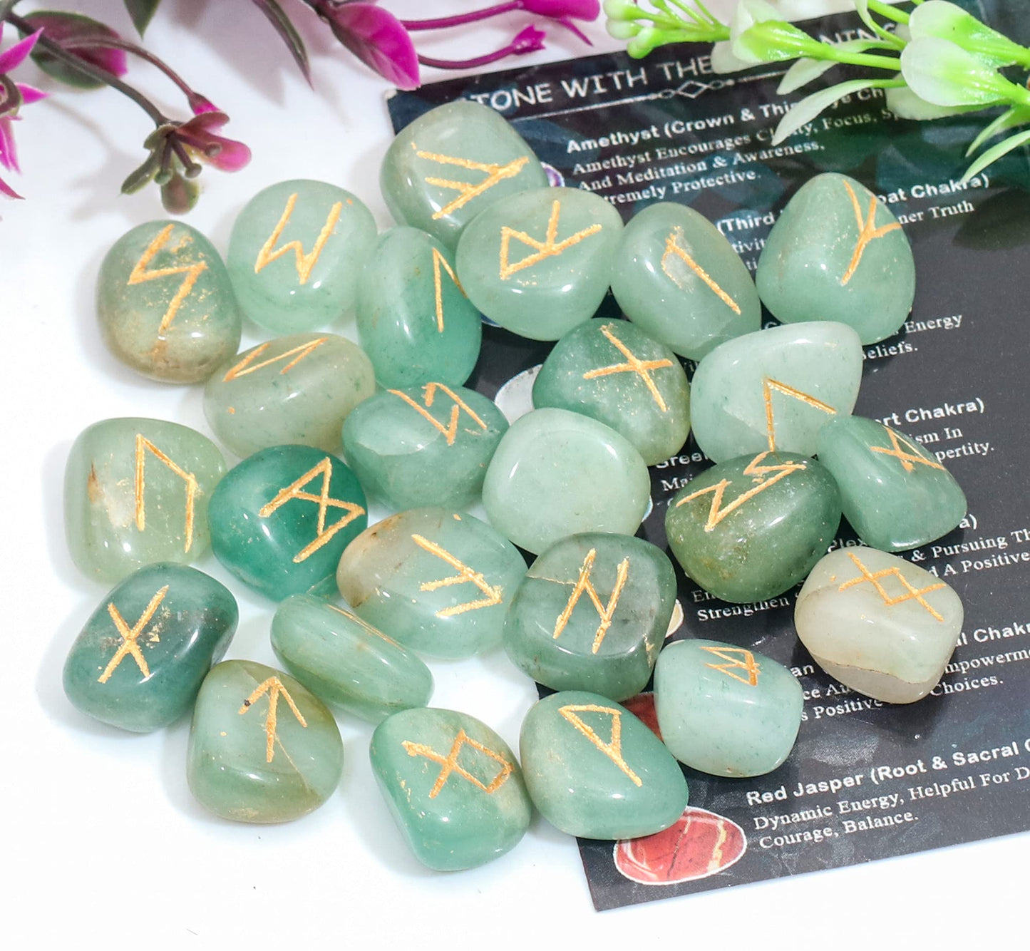 Crocon Green jade Gemstone Rune Stone with Elder Futhark Alphabet Engraved Symbol 25 pcs Set for Feng Shui Reiki Crystal Healing Chakra Balancing Metaphysical Decor Size: 15-25 mm