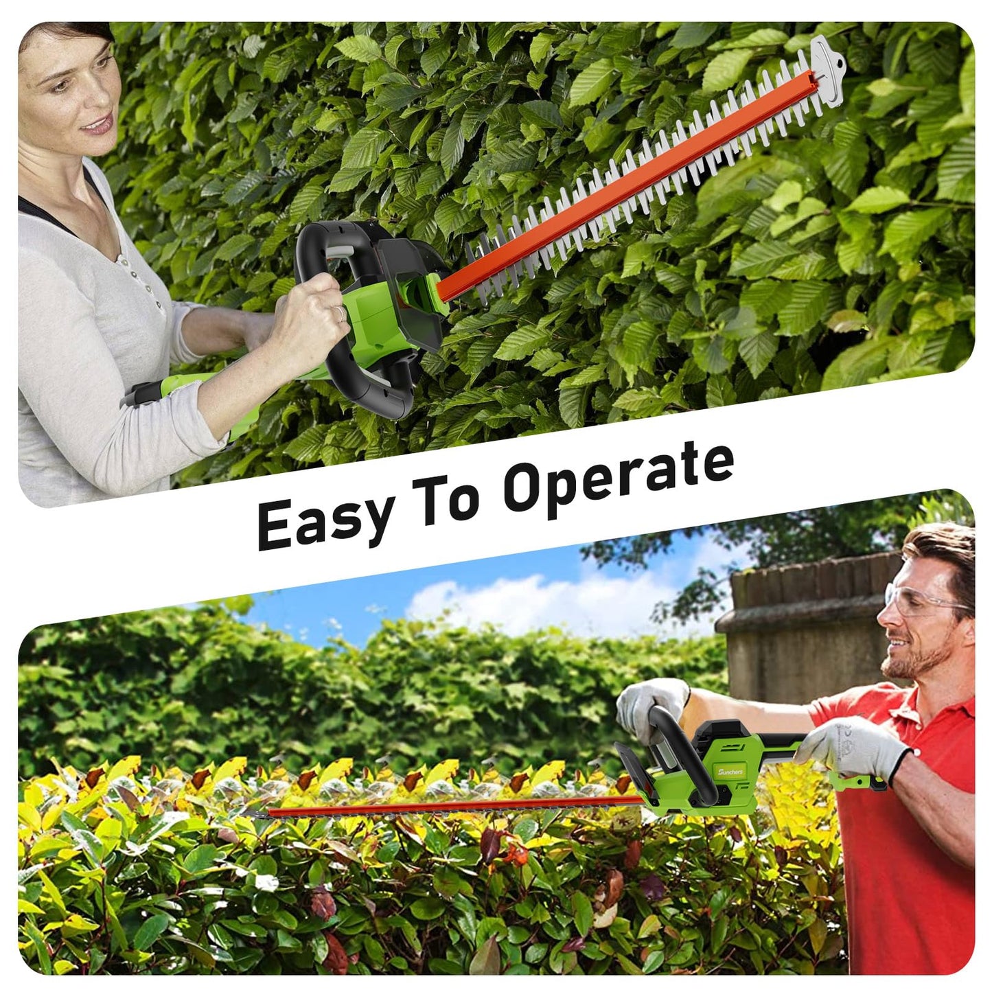 SUNCHERS 20V Max Hedge Trimmer Cordless, 22 Inch Tree Trimmer with 2 Batteries and Charger, Handheld Electric Trimmers, Grass Shrub Pruning Cutter, Lightweight & Compact Hedge Shear for Garden, Lawn