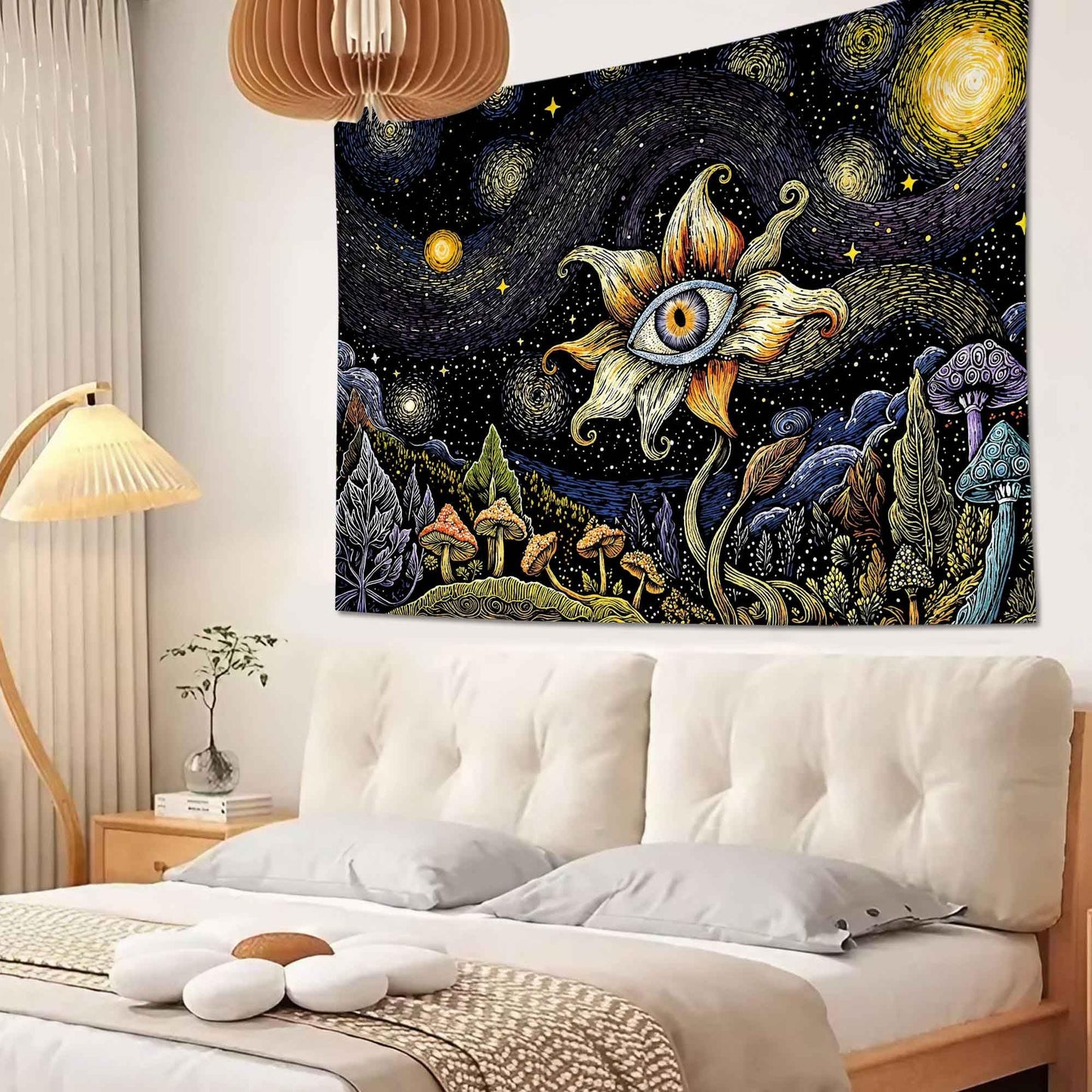 Yeoiat Tapestry Cosmic Flower Tapestries Mushroom Landscape Wall Hanging Starry Night Visionary Botanical Art Decor Bedroom Dormitory 48"x36"