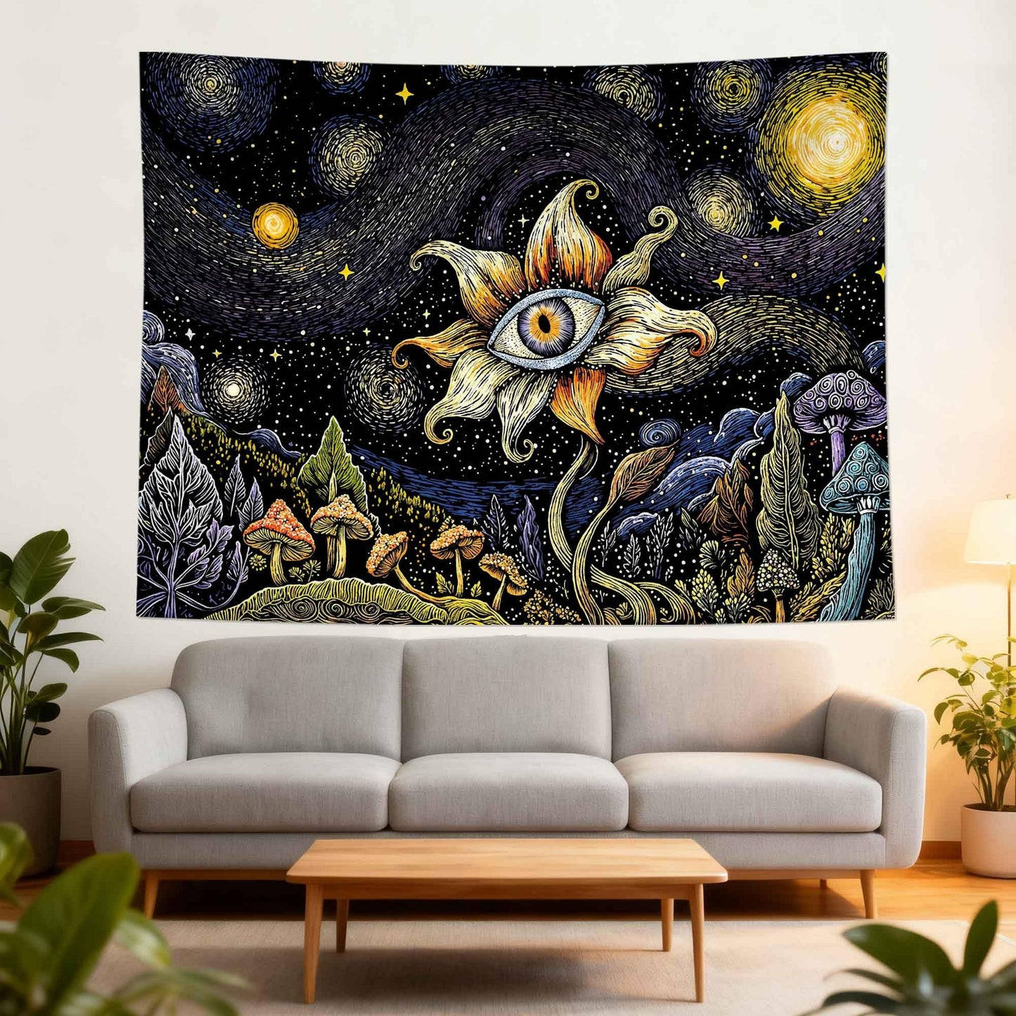 Yeoiat Tapestry Cosmic Flower Tapestries Mushroom Landscape Wall Hanging Starry Night Visionary Botanical Art Decor Bedroom Dormitory 48"x36"