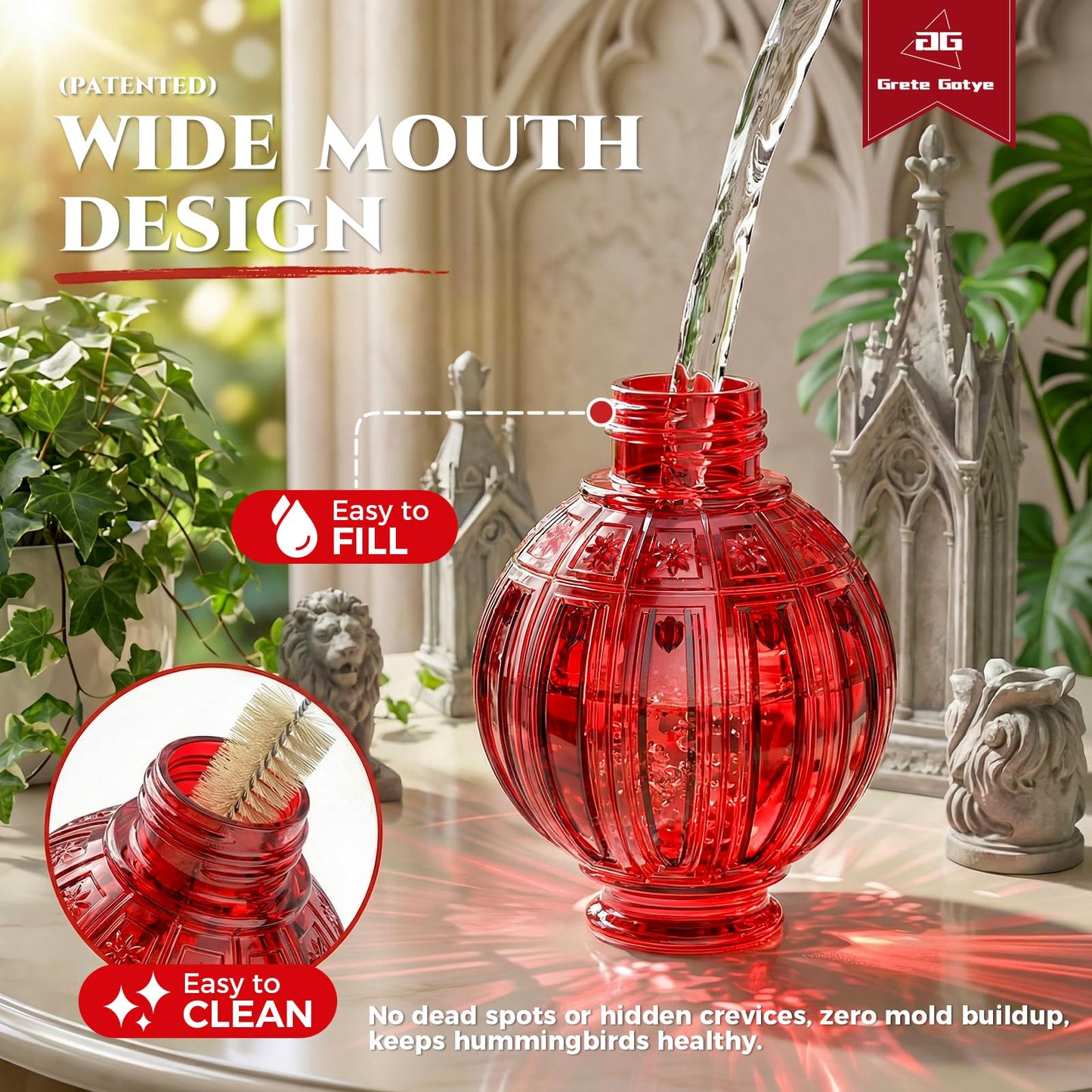 Glass Hummingbird Feeder for Outdoors Hanging, 24Oz Bird Nectar Feeder with Perch & 5 Flower Feeding Ports, Leak Proof for Outside Garden Decor Backyard, Gifts for Women Mom, Red