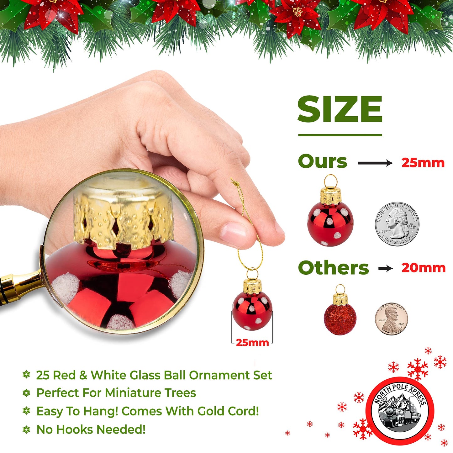 1 Inch Mini Red & White Peppermint Glass Ball Christmas Ornaments Set of 25 Balls | Miniature Christmas Tree Ornaments | Rustic Christmas Decorations | Mini Christmas Tree Decorations for Small Trees