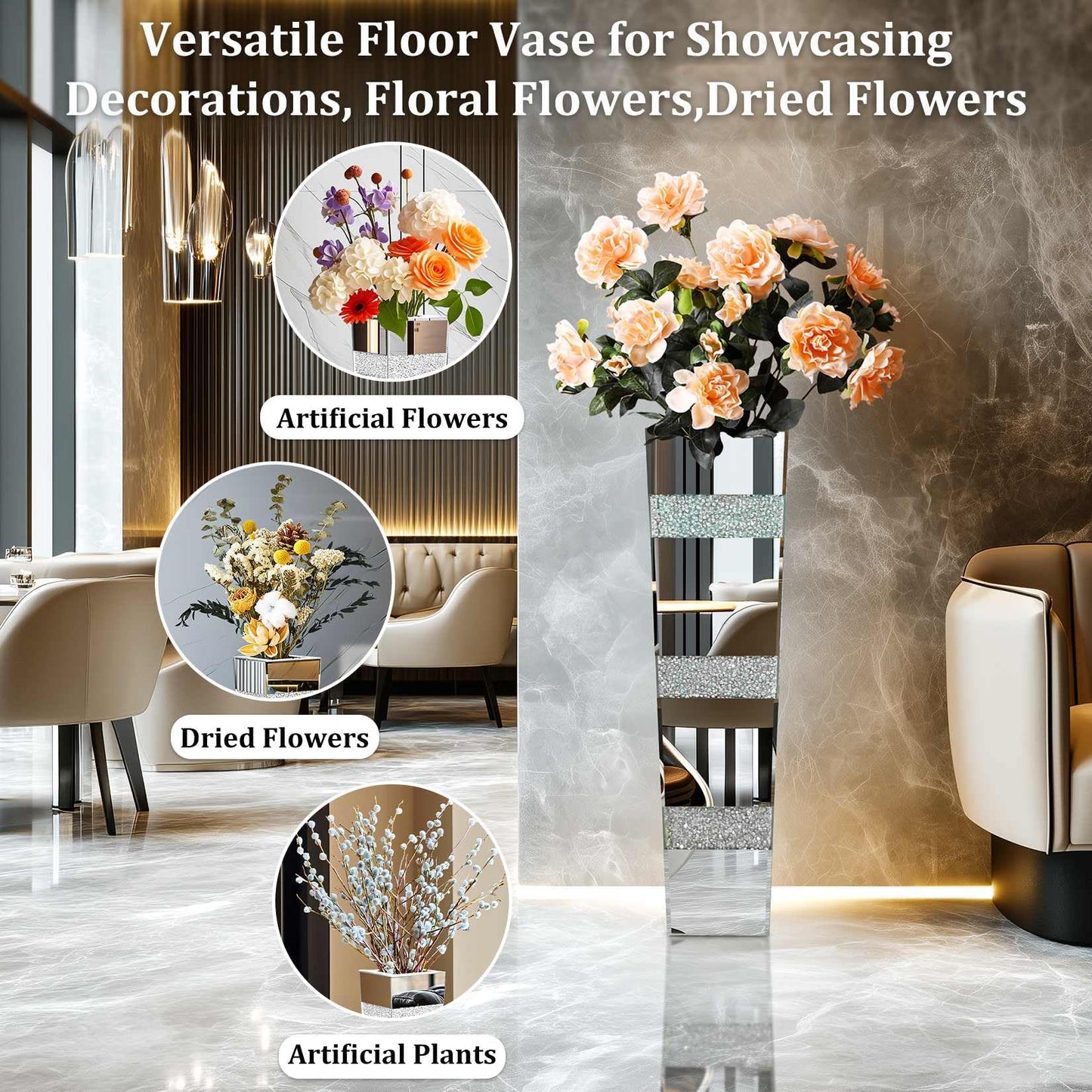 Artloge Diamond Mirror Vase Geometric Bling Decor 28 inch Tall Silver Luxury Decor