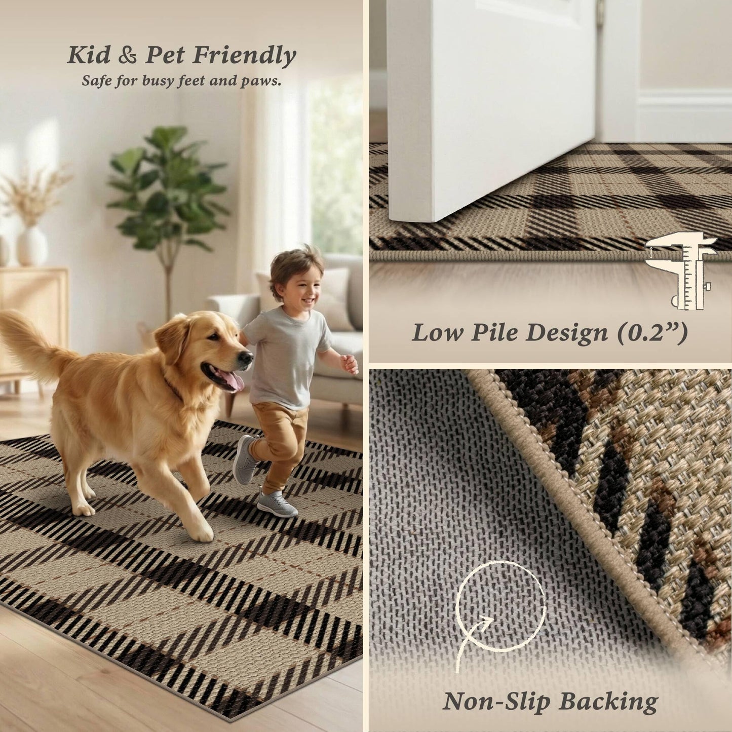 Washable Plaid Indoor Outdoor Rug 3x5 for Front Porch, Entryway, Patio, No Shed Easy Jute Non Slip TPR Backing Area Rug for Large Kitchen, Farmhouse Black & Tan Checkered Seegrass Aesthetic