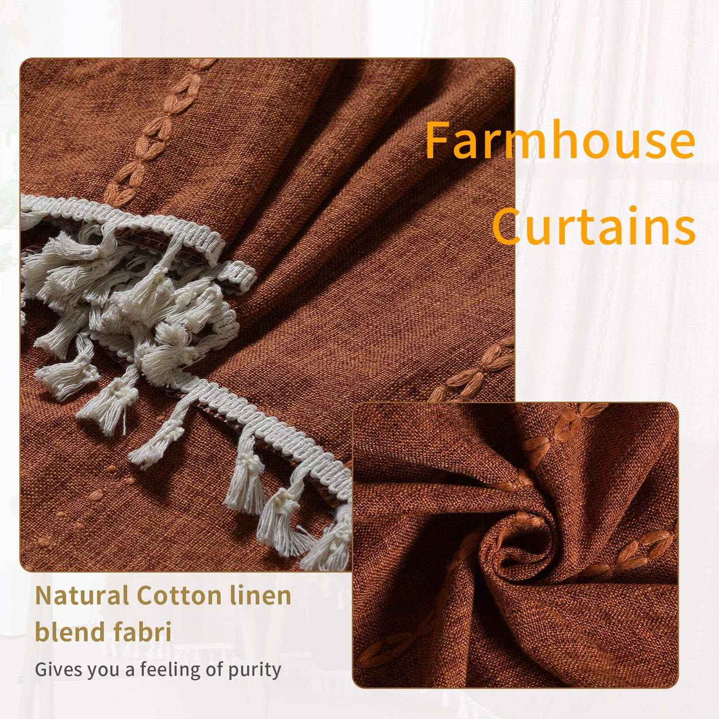 Schweek Terracotta Boho Curtains 84 Inch Length Burnt Orange Farmhouse Curtains for Living Room 2 Panels, Linen Bohemian Tassel Rust Rustic Curtain Drapes