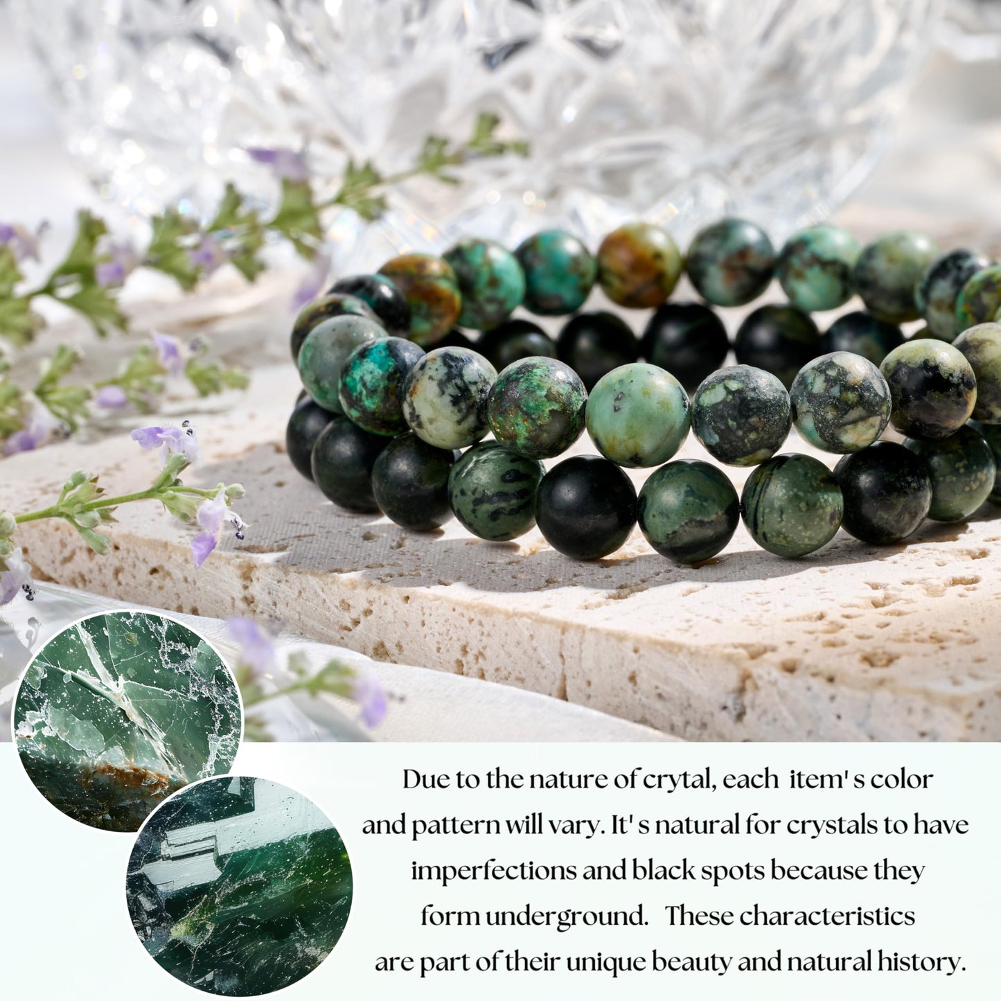 Bivei Natural Gemstone Semi Precious Crystals Handmade Stretchy Round Beads Bracelet, Enhance Positive Energy,Stocking Stuffers for Women(African Turquoise & Kambaba Jasper(Peace & Prosperity)Medium)