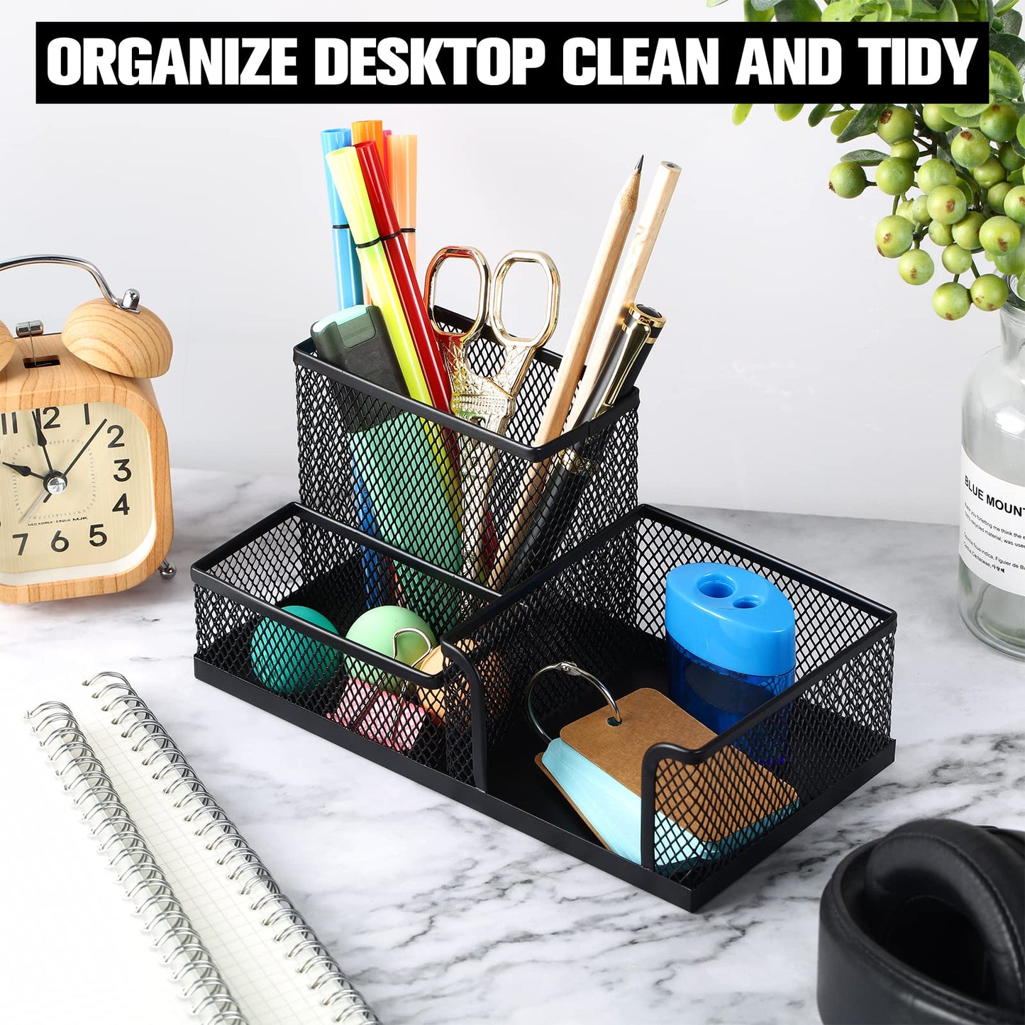 Ferraycle 4 Pcs Mesh Desk Organizer 3 Compartments Mesh Pen Holder Sticky Notes Pencil Holder Metal Caddy Desk Pen Organizer for Desktop Accessories Storage Baskets Home Office School(Black)