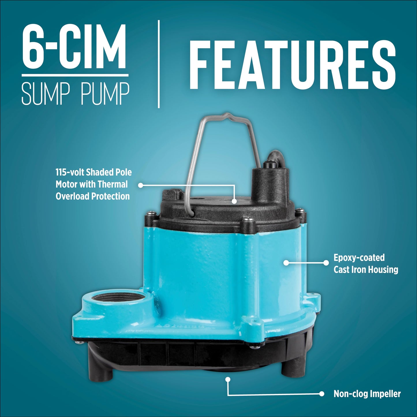 Little Giant 6-CIM-R 115-Volt, 1/3 HP, 2750 GPH Manual (No Switch) Submersible Sump Pump for Sump Systems and General Dewatering, 10-Ft. Cord, Blue, 506271