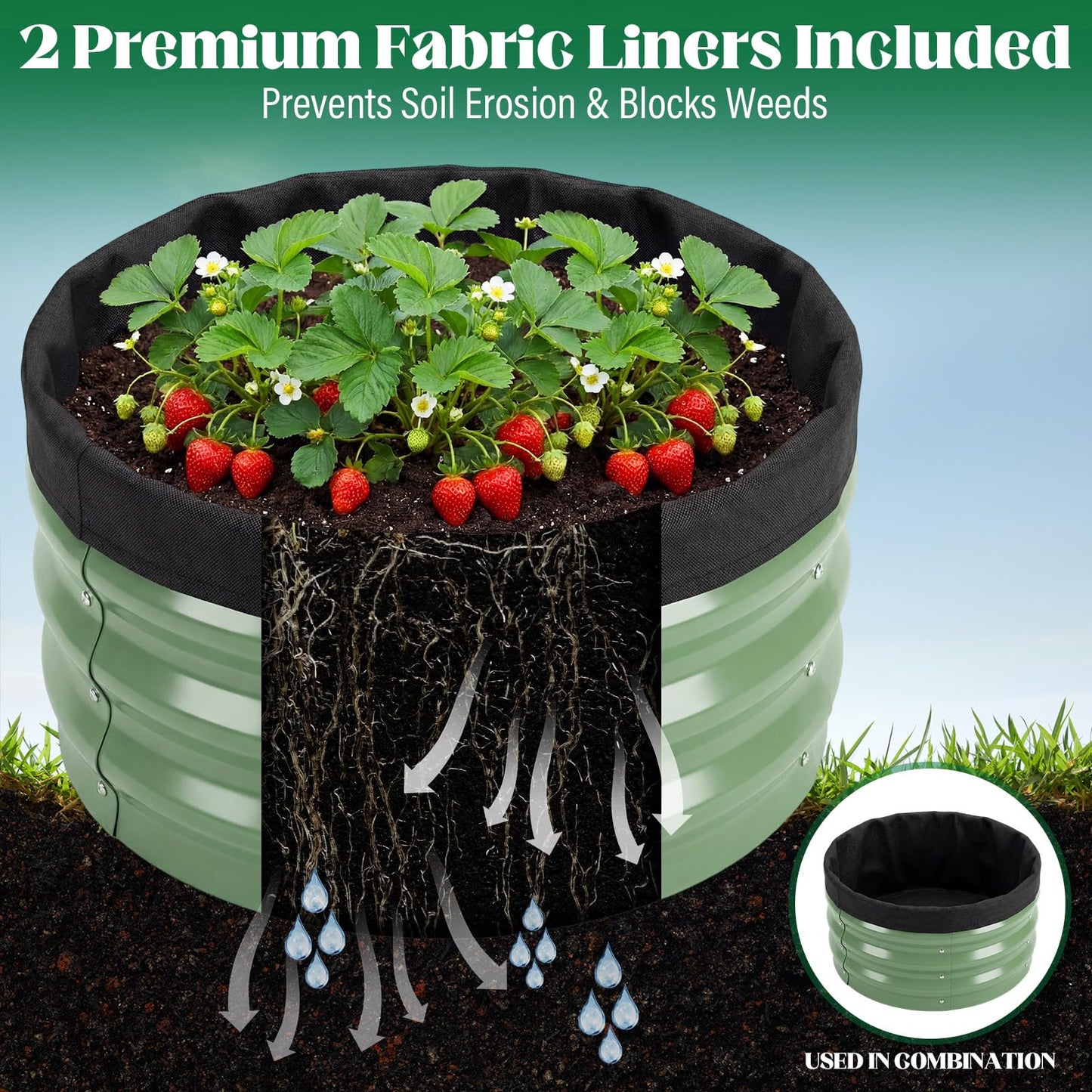 Cycayit Round Metal Raised Garden Bed 2 Pack with Fabric Liners, 2 ft × 2 ft × 1 ft, Outdoor Planters for Backyard, Patio & Garden (sage Green)
