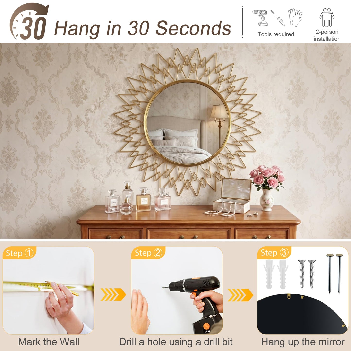 Qiqiong 36" Large Gold Sunburst Wall Mirror - Mid Century Modern Round Starburst Mirror with Metal Radiating Frame - Statement Decorative Wall Art for Living Room, Entryway, Fireplace Mantel