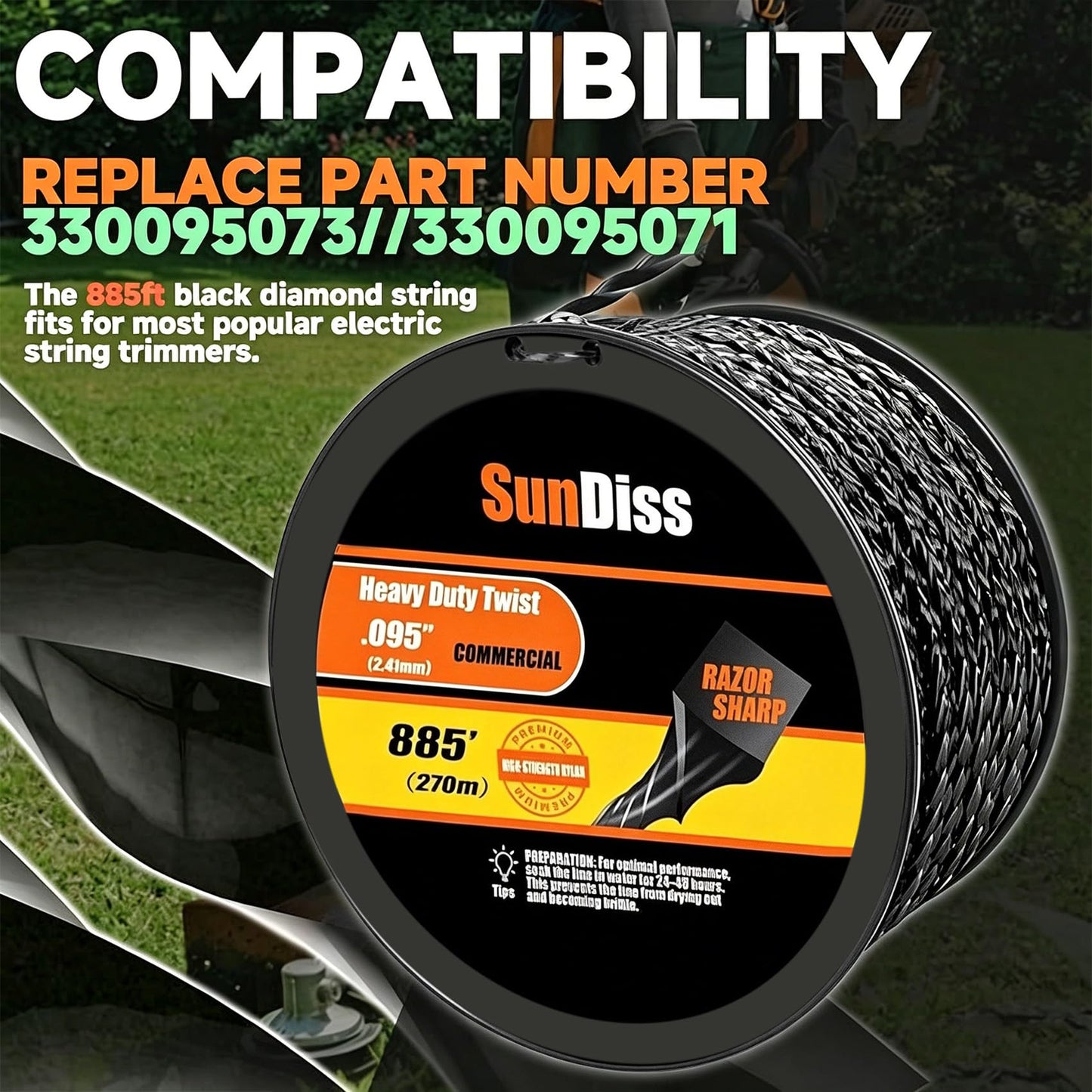 SunDiss 885ft 0.095" Trimmer Line Cutting String Replacement for Echo Black Diamond Trimmer Line 330095073/330095071, Fits for Medium to Heavy Grass and Weeds, with Built-in Line Cutter