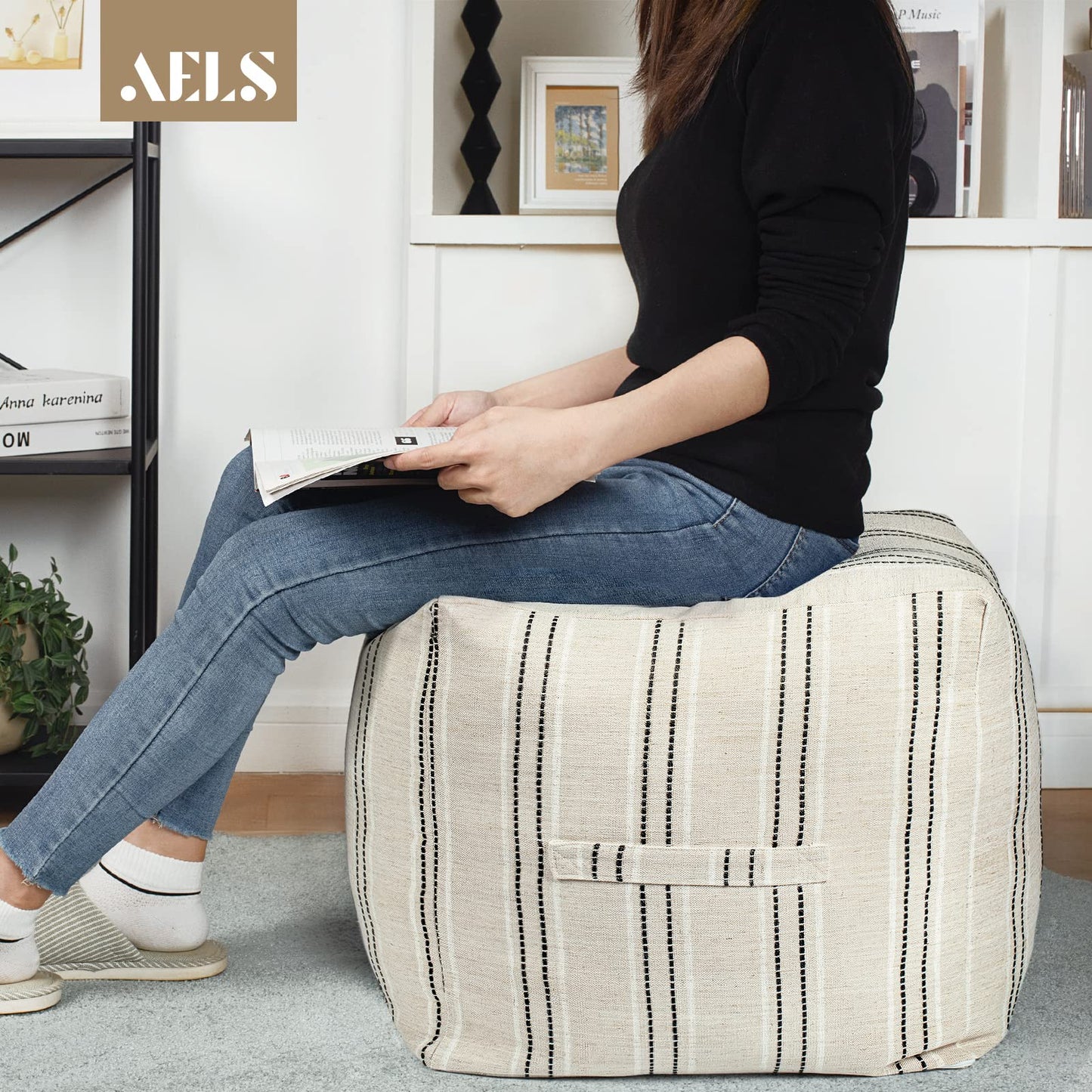 AELS Unstuffed Farmhouse Pouf Cover for Living Room, Boho Storage Bean Bag Cubes, Beige with Black Stitch Yarn Dyed Stripe Square Ottoman Pouf Foot Rest Footstool, 18"x18"x18", Cover ONLY