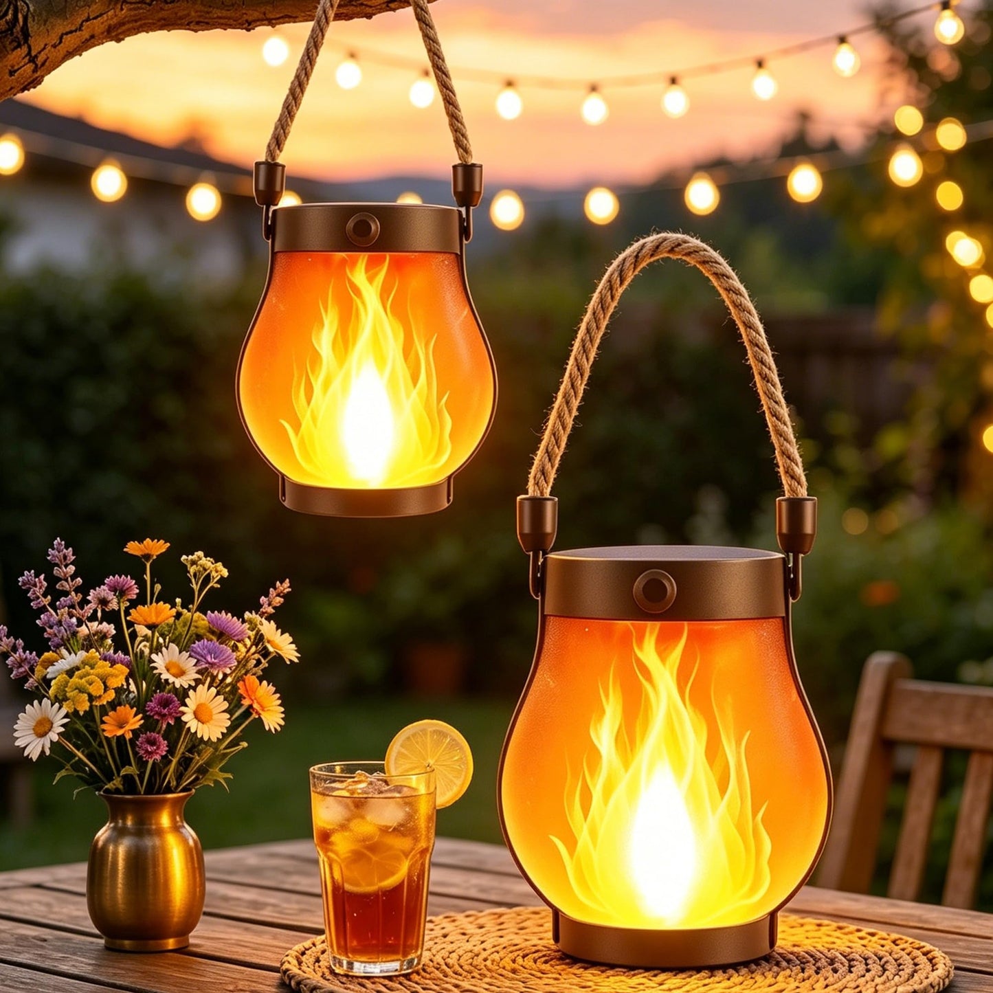 Solar Lanterns Outdoor Waterproof - 2 Pack Flickering Flame Hanging Lights with 2 Modes & Solar USB Dual Charging for Outside Yard Garden Patio Porch Pathway Tabletop Holiday Decor