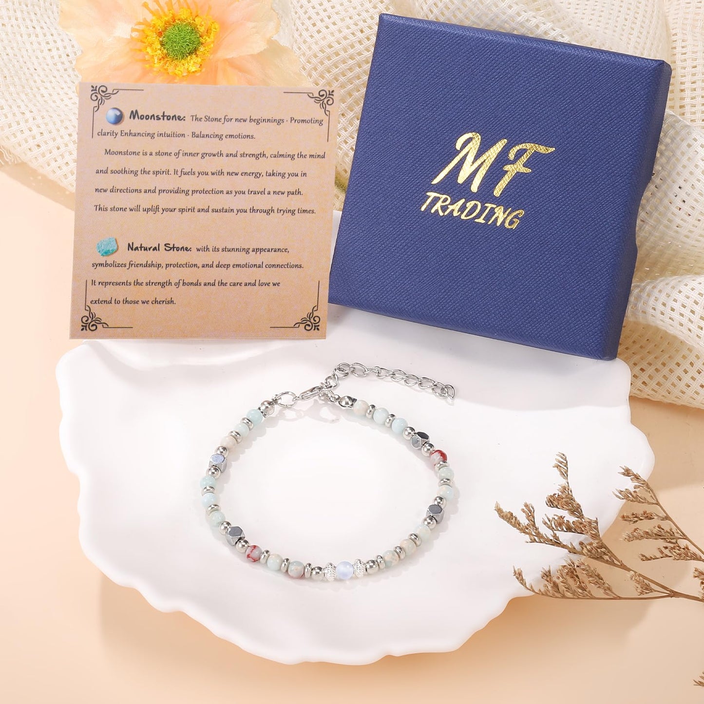 MFTRADING Moonstone Beaded Bracelet for Women - Adjustable Silver Boho Healing Crystal Jewelry Graduation Gift for Sister, Daughter, Niece, Mom