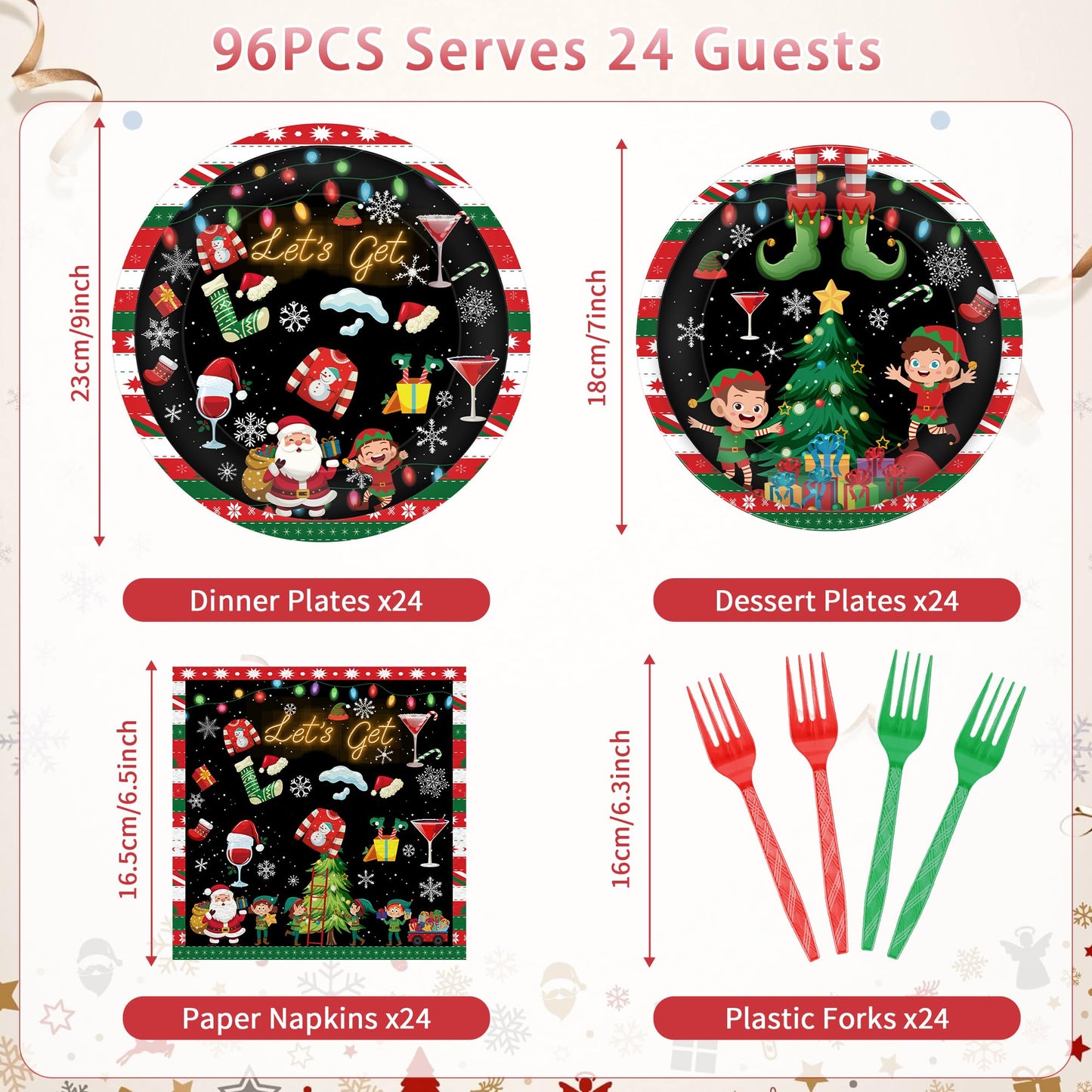 96 Pcs Lets Get Elfed Up Christmas Party Decorations, Festive Elf Santa Plates Napkins Forks for 24 Guests, Funny Holiday Tableware Set Party Supplies
