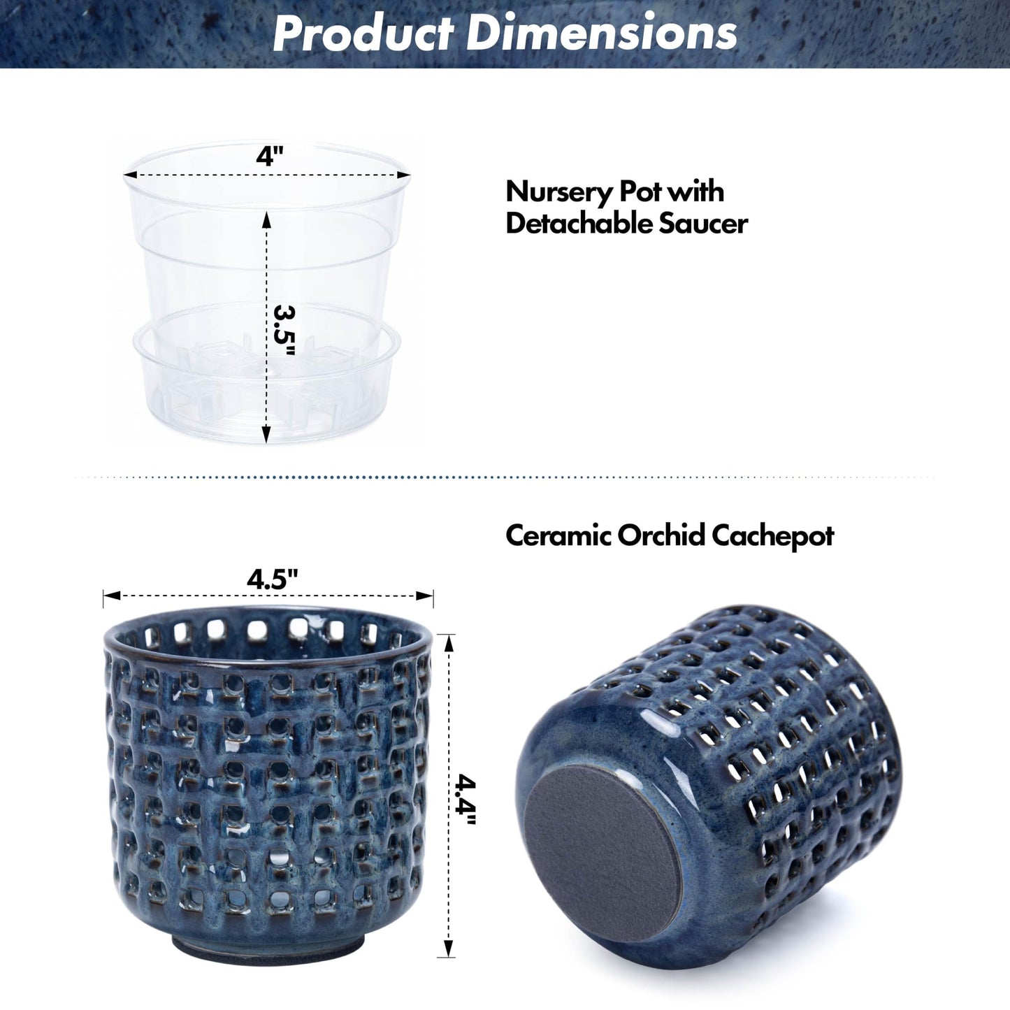 D'vine Dev 4.5 Inch Ceramic Orchid Planter with Lattice Cutout Design, Glazed Cachepot with Clear Nursery Pot & Detachable Saucer for Orchids and Indoor Plants, Midnight Blue, 28-A-Z-2
