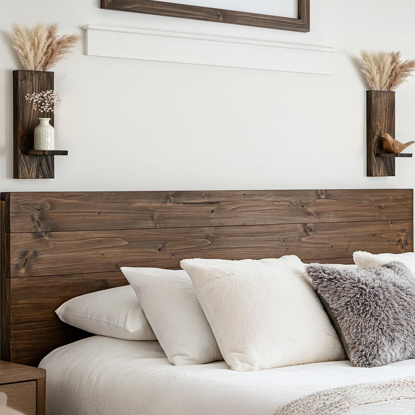 Treory Wood Wall Planter Set of 2, Wooden Wall-Mounted Vase with Shelf for Plants & Candles, Farmhouse Hanging Wall Decor for Living Room, Bedroom, Bathroom, Entryway, Narrow Spaces, 13.8" x 5"