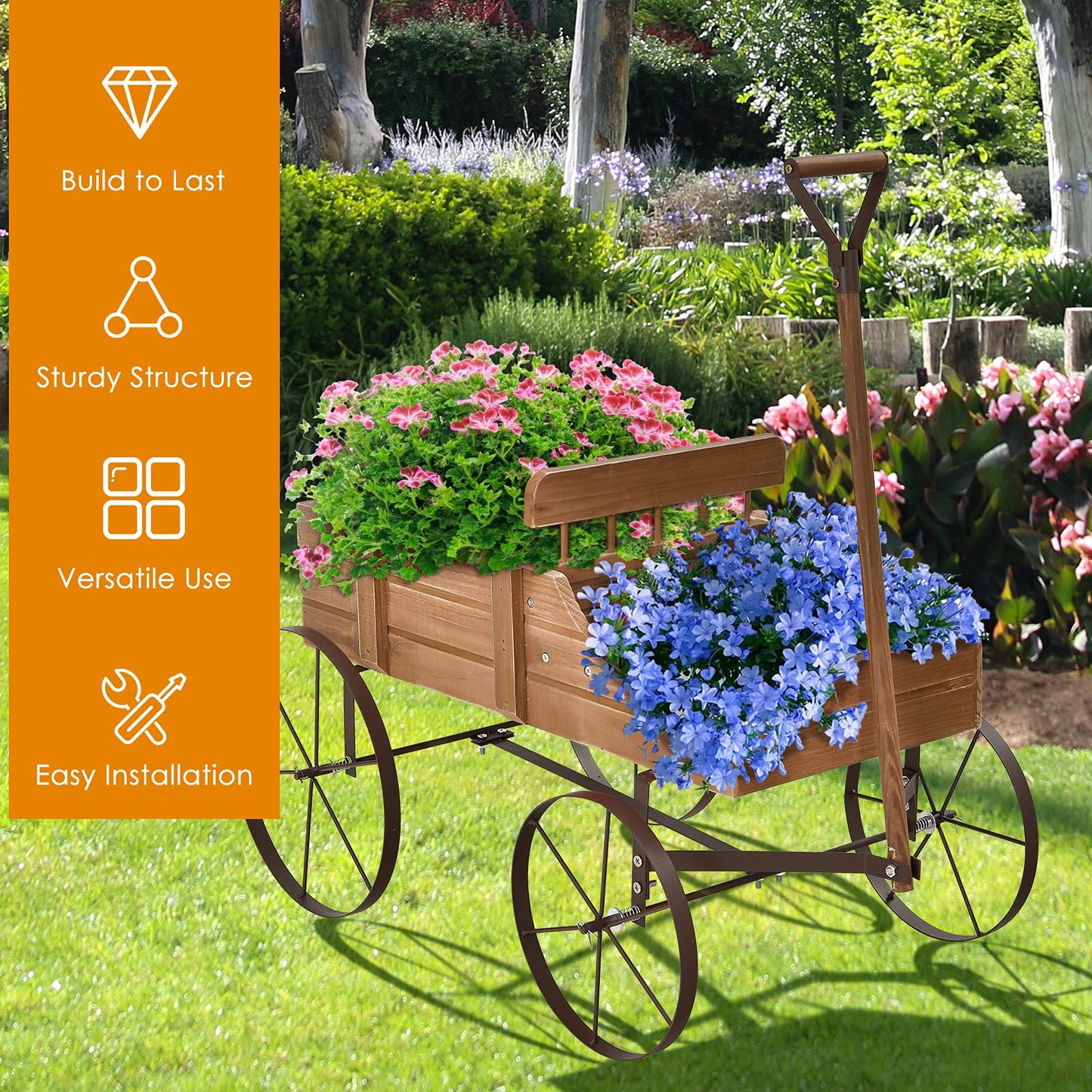 Goplus Wagon Planter, Decorative Wooden Garden Planter with Wheels, 2 Planting Sections and Adjustable Handle, Indoor Outdoor Backyard Balcony Decor (Brown)