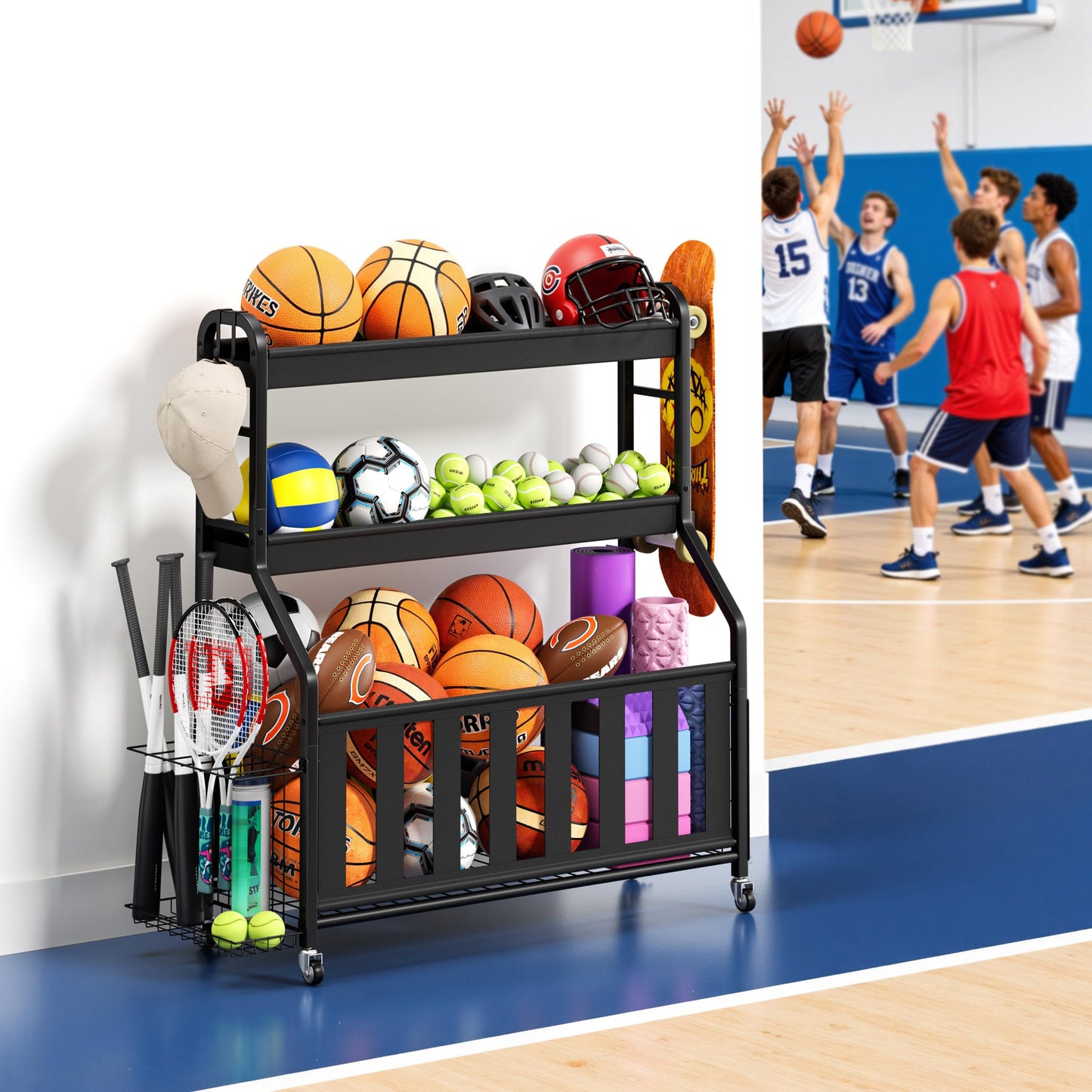 Keepmisc Sports Equipment Organizer, Rolling Ball Storage Cart with Locking Wheels, Hooks & Bat Rack