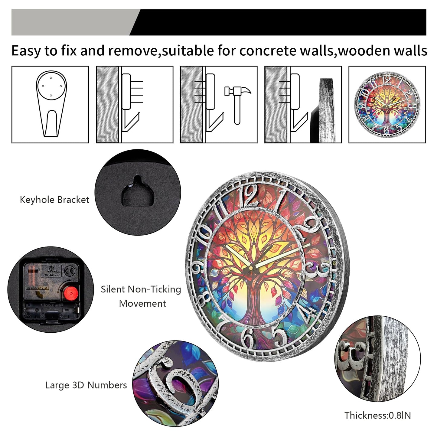 WANGIRO Tree of Life Wall Clock 12inch Silent Movement Clock Precise Timekeeping Wall Clock Ideal for Living Rooms Bedrooms Offices for Home Decor Enthusiasts Antique Silver