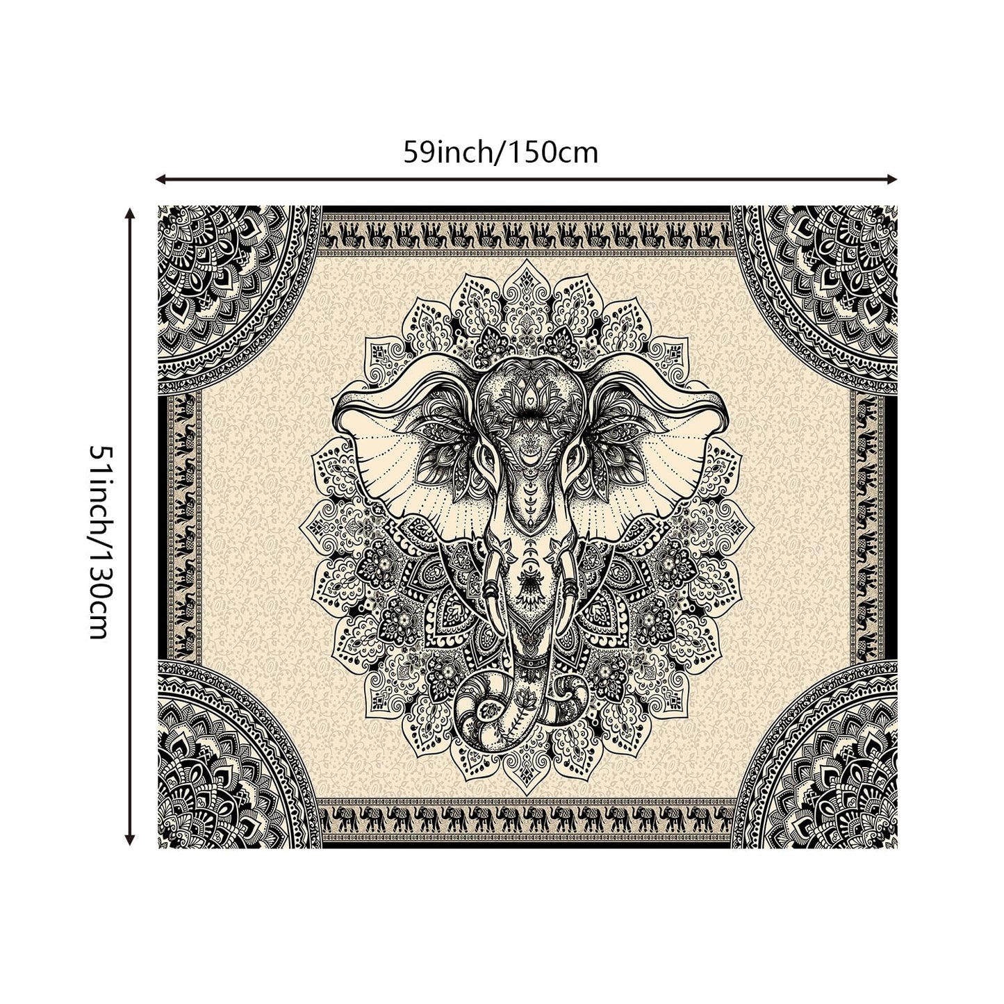 AACKart Mandala Elephant Wall Tapestry, Bohemian Hippie Boho Trippy Indie Aesthetic Home Tapestry, Black Yoga Mystic Vintage Wall Hanging for Bedroom Living Rooms College Dorm Studios-59x51 Inches