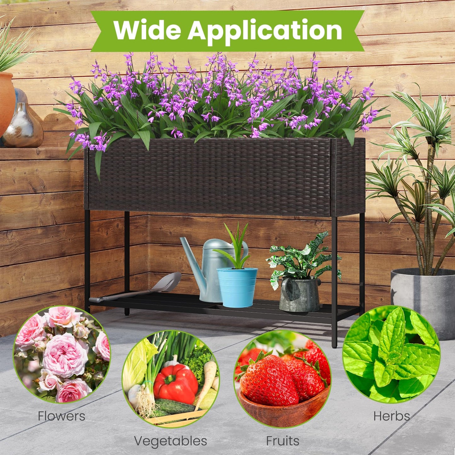 HAPPYGRILL Raised Garden Bed, Rattan Planter Raised Bed with Legs, Bottom Storage Shelf, Removable Liner, Drainage System, Wicker Elevated Planter Box w/Legs for Vegetables Flowers (40” x 12” x 28”)
