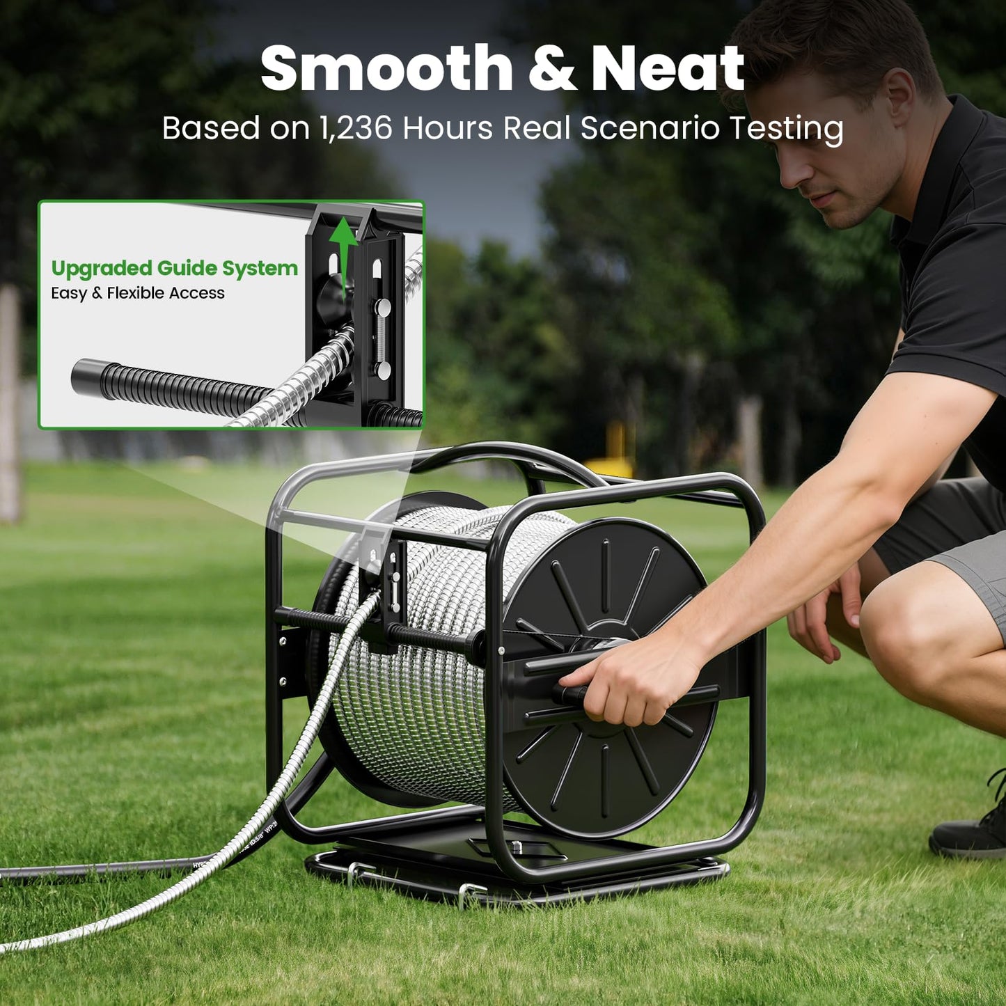 SPECILITE Garden Hose Reels, Holds 100 to 200 FT Hoses, Upgraded Guide System, 360° Swivel Base, Includes 5/8'' x 6ft Leader Hose for Outside, Yard, Wall Mount/Floor Water Pipe Spool