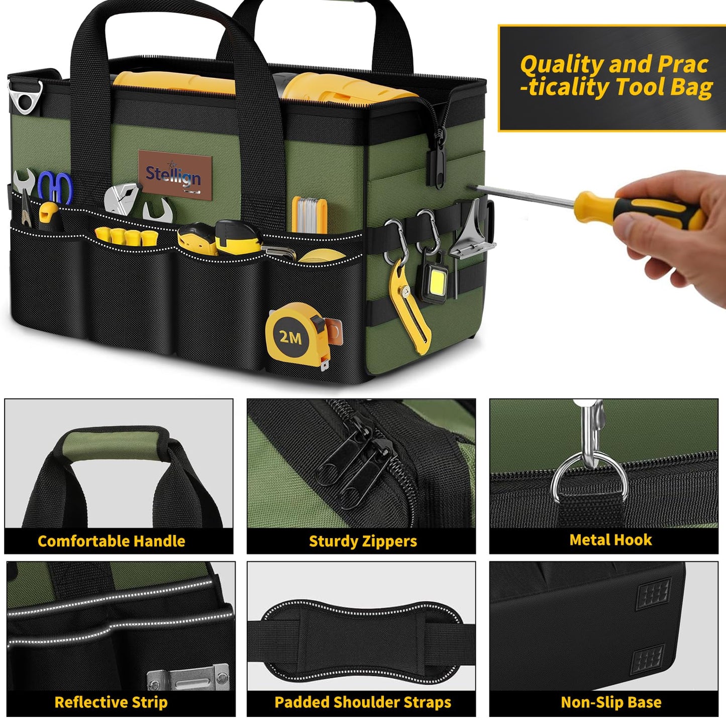 Stellign Heavy Duty Tool Bag 16-Inch,25-Pocket Portable Tool Box Organizer with Big Storage ToolBox, Zipper Carrying Toolbag-Multi Pouch for Construction, Electrical,Gifts for him Dad,Men,friend