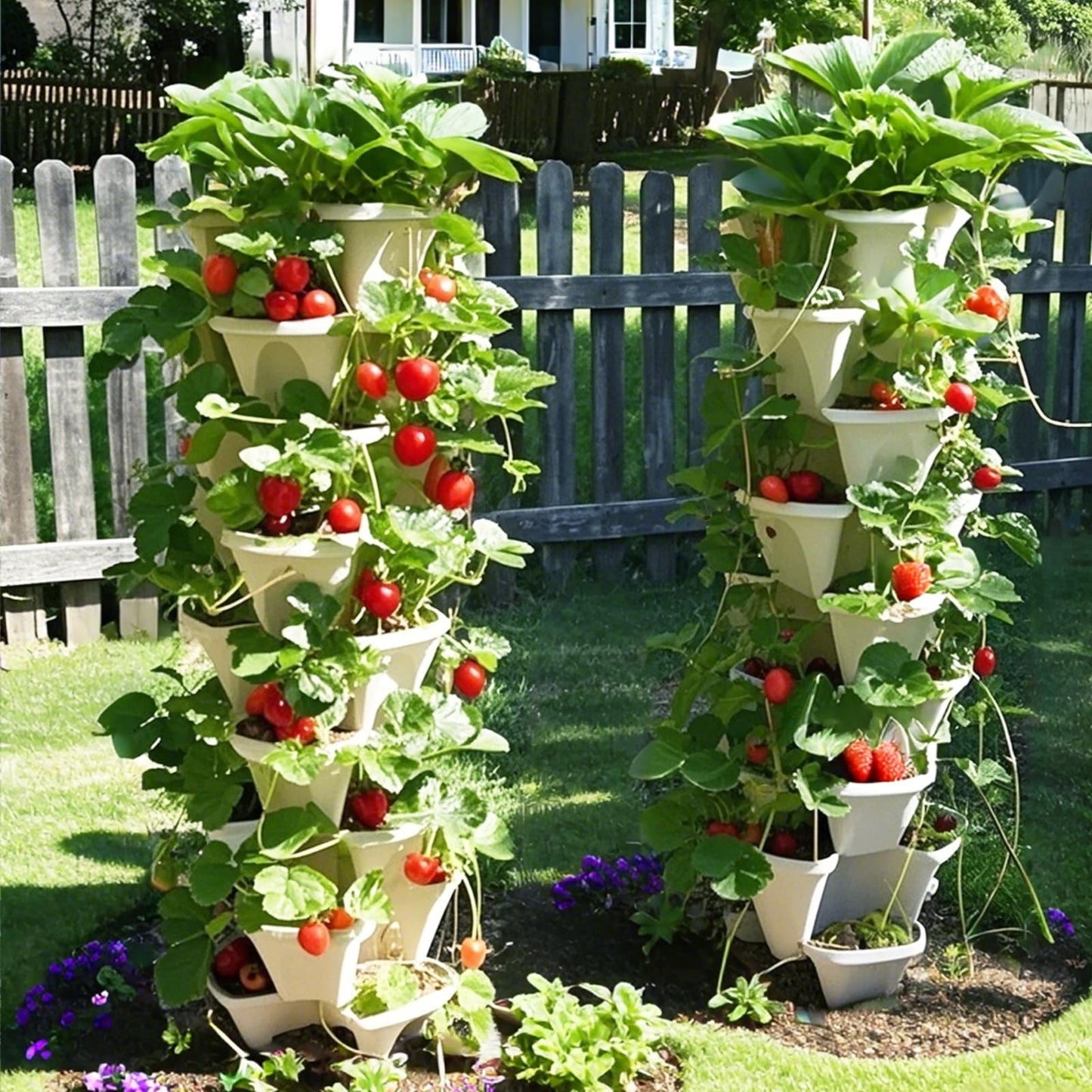 Lykvrii Strawberry Planters, 7 Tiered Vertical Stackable Planter, Herb Stacking Tower Garden, Flower and Vegetable Planters with Support Pole Indoor & Outdoor with Removable Wheels - Dark Grey