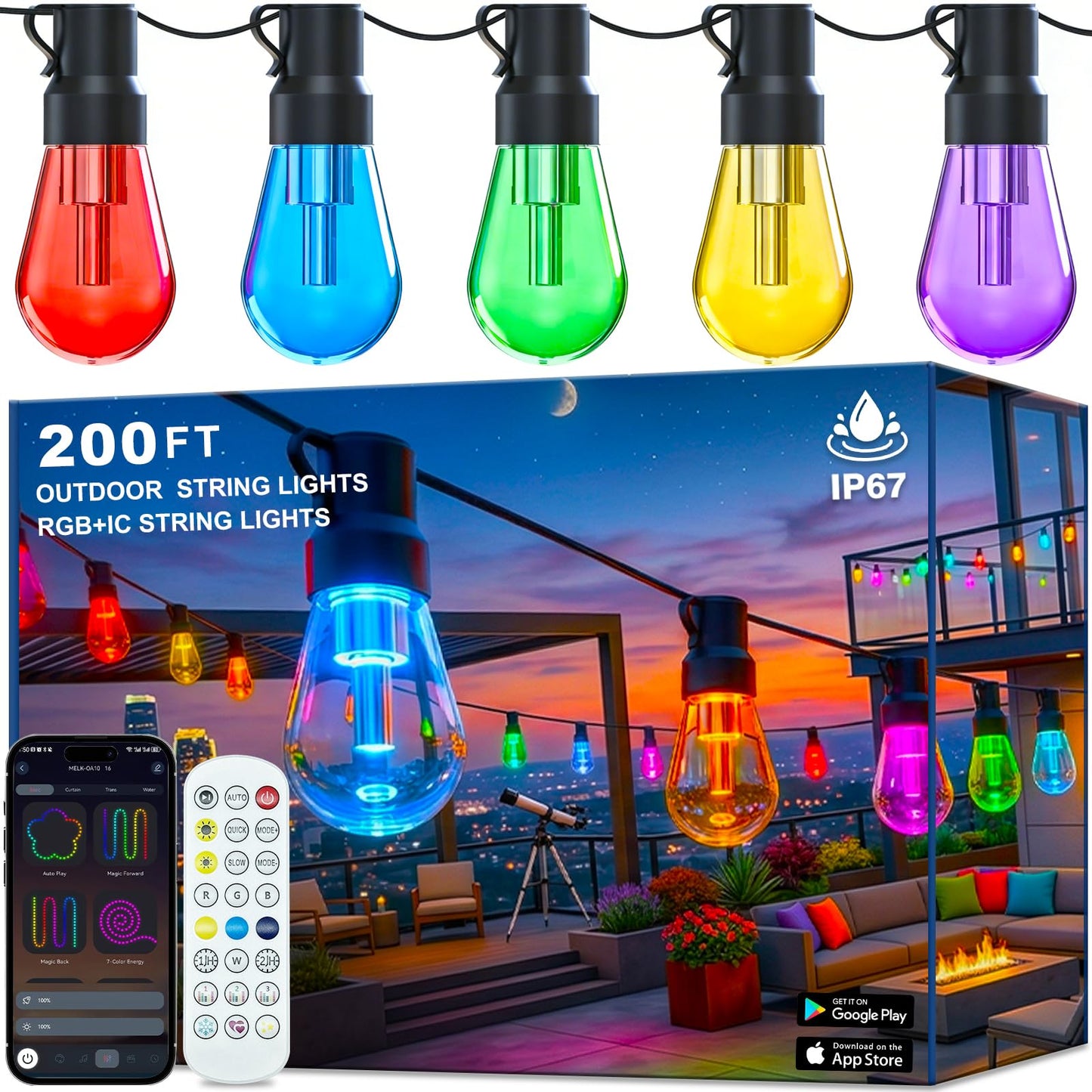 Outdoor String Lights,200FT Smart RGB+IC Patio Lights with Shatterproof LED Bulbs ,Outside Light Dimmable Patio for Decor DIY IP67 Waterproof ,Courtyard, garden,Holiday,LED lights more Scene Modes