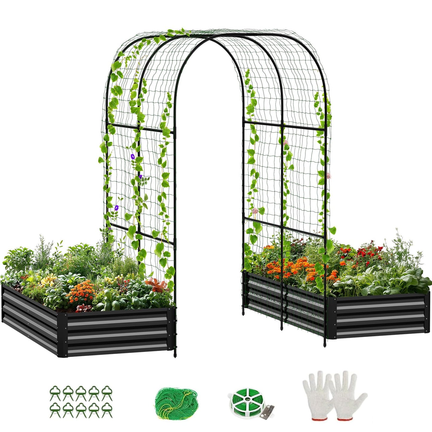 UrGROWA 3 in 1 Galvanized Raised Garden Bed with 87" H Arch Trellis for Climbing Plants, Outdoor Gardening Planter Box with Climbing Net for Flower Vegetables Fruits Herbs, Black